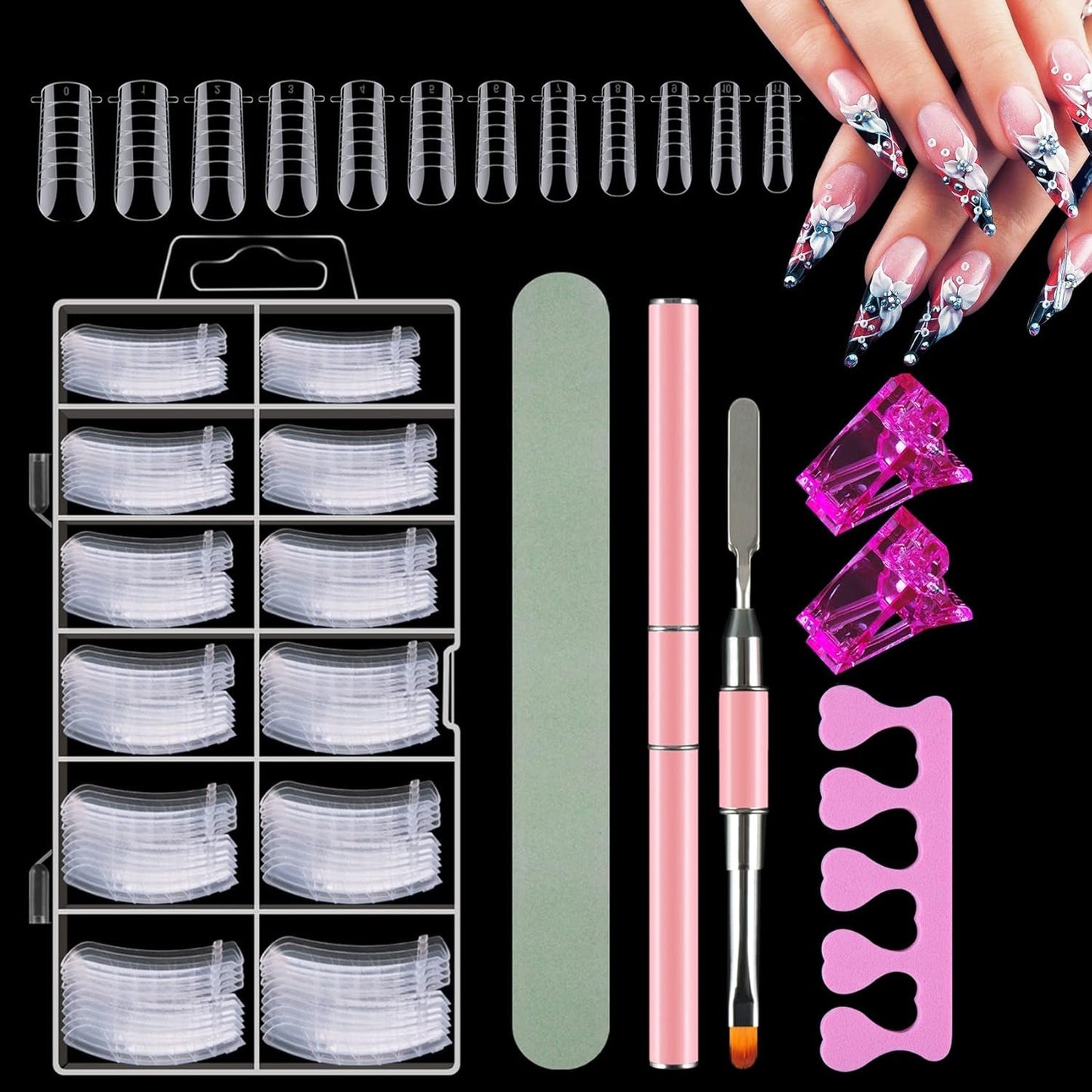 120 dubbele nagelformulierenset, nagelverlengingssjablonen met roze dubbele borstel, nageltipclip, spons-teenscheider en nagelvijl voor polygelnagels