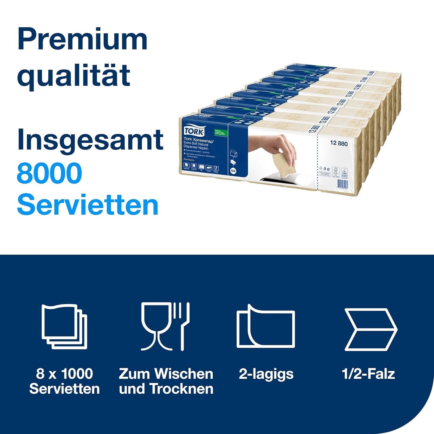 Tork Xpressnap Extra Soft Nature N4 Dispenserservet, Premium, 1/2 x 2-laags, 21,3 cm x 16,5 cm, 8 × 1.000 servetten, 12880