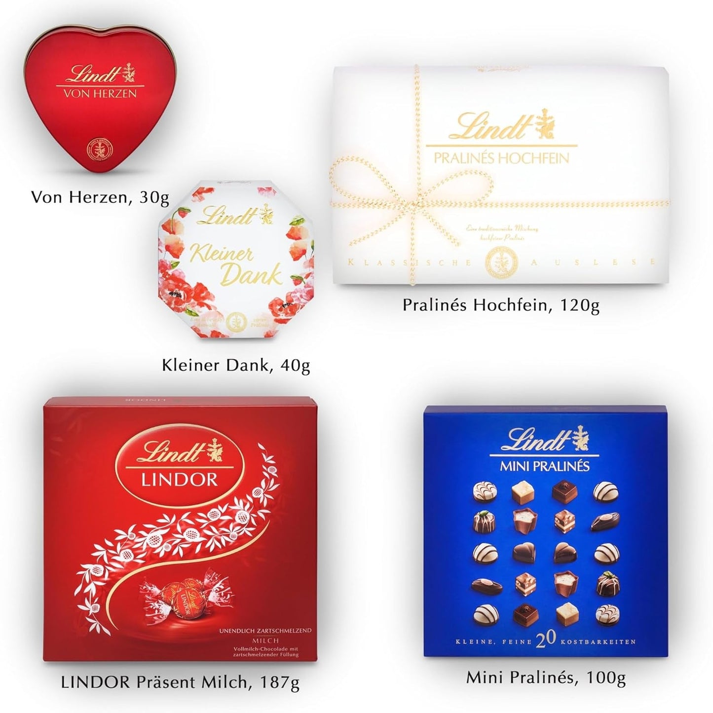 Lindt Chocoladepraliné Cadeauset | 477g | 5 dozen Lindt-pralines in de varianten: Exquisite, Mini Praline, LINDOR Gift, Small Thank You, From the Heart | Praliné cadeau | Chocolade cadeau