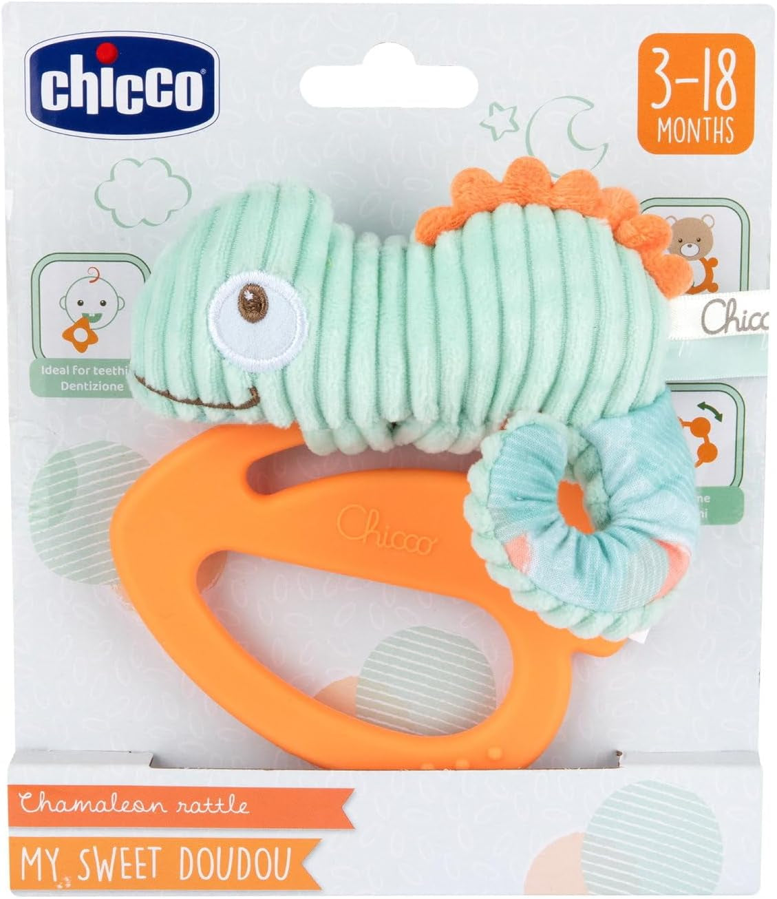 Chicco My Sweet Doudou kameleon speelgoed gemaakt van hoogwaardige stof zacht plastic ring rustgevende tandjes babyspeelgoed 3-18 maanden babyspeelgoed Naty Shop