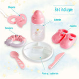 JC Toys - Berenguer Boutique 38 cm zachte, levensechte pop met open/gesloten mond, 10-delige cadeauset, babyfles, rammelaar, fopspeen en accessoires, roze, vanaf 2 jaar