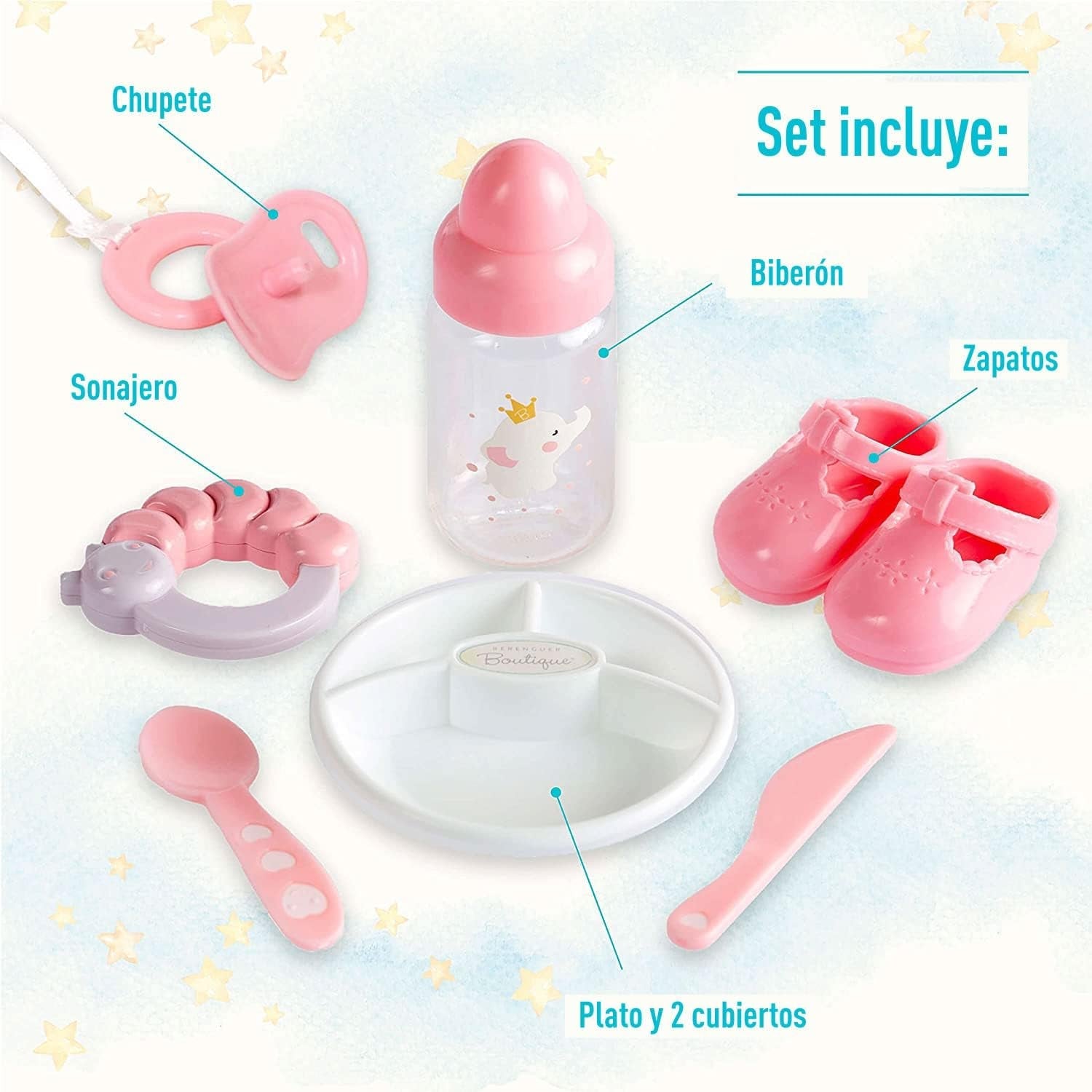 JC Toys - Berenguer Boutique 38 cm zachte, levensechte pop met open/gesloten mond, 10-delige cadeauset, babyfles, rammelaar, fopspeen en accessoires, roze, vanaf 2 jaar