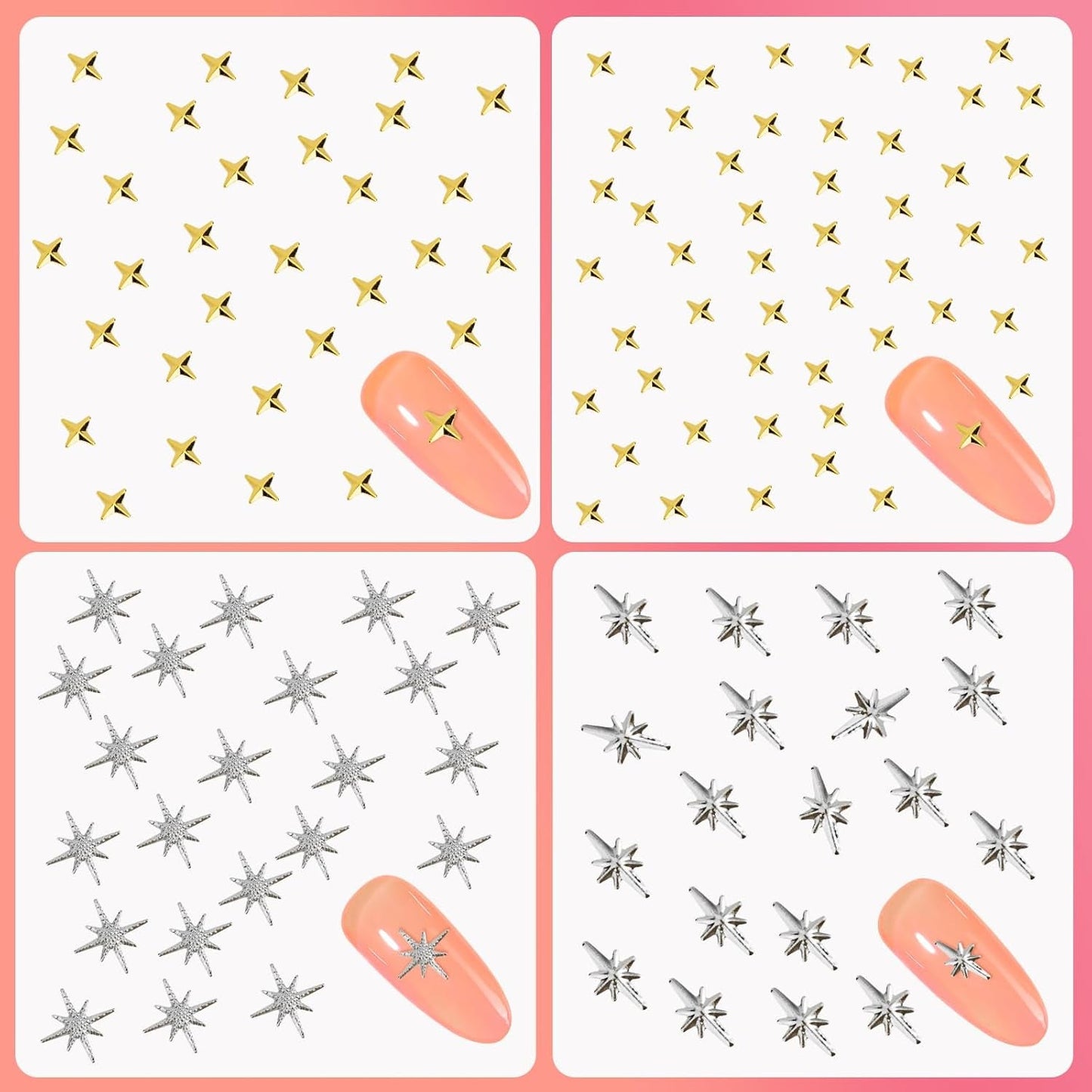 400 Stück Gold Silber Stern Nail Charms Nägel, 3D Metall Star Nagelkunst Decoraties, Star Nail Design Gemischt Grote Vorm Nägel Zubehör