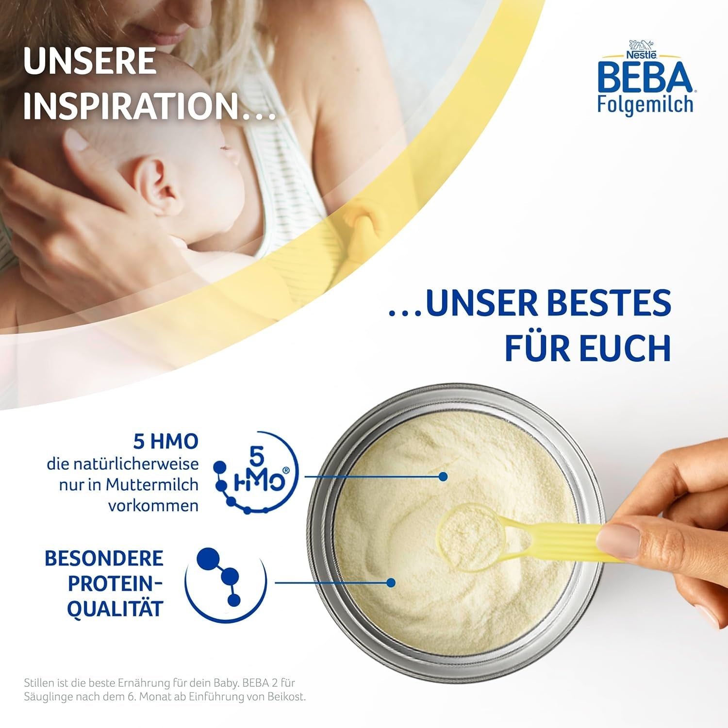 BEBA 2 - Opvolgmelk na 6 maanden, met 5 HMO-complex, leeftijdsafhankelijk eiwitgehalte, lactosevrij, palmolievrij, visolievrij, babyvoeding, babymelkpoeder, verpakking van 3 (3 x 800 g)