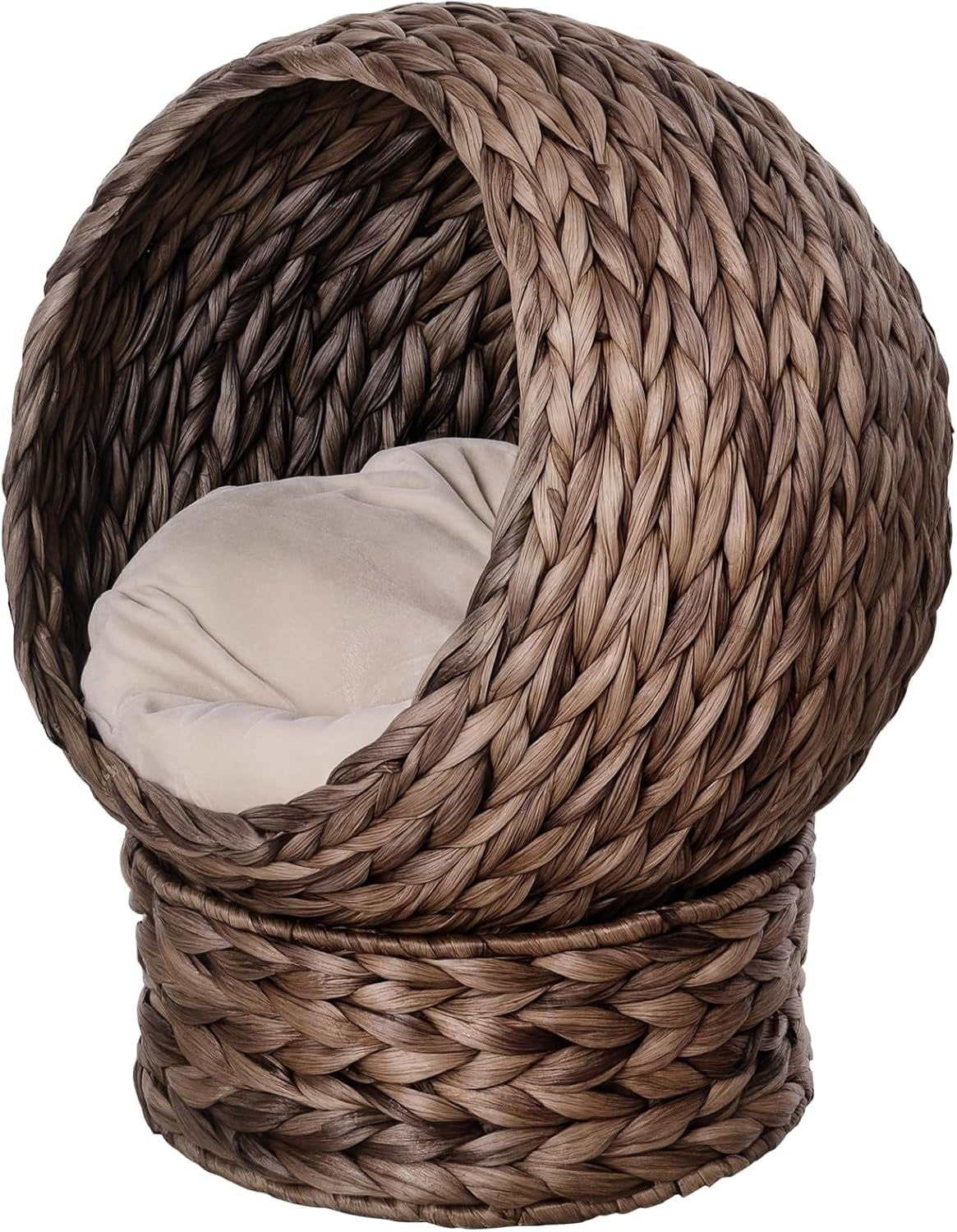 PawHut Rotan Katzenkorb Katzenhöhle Katzenhütte Katzenbett mit Kissen Haustierbett Wasserhyazinthe Kaffee 50 x 42 x 60 cm