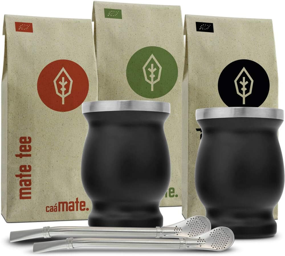 Mate Bio-theeservies ● 3 Mate-assortimenten + 2 dubbelwandige roestvrijstalen Mate-bekers + 2 bombilla's + zetinstructies (zwart)