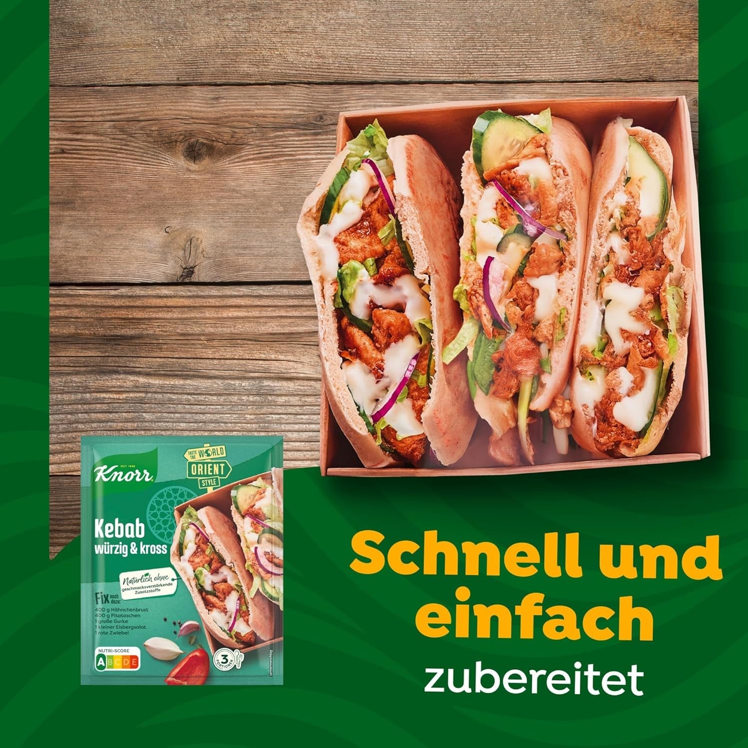 Knorr Fix Kebab voor een würzig en krosses Hähnchen Gericht ohne geschmacksverstärkende Zusatzstoffe 3 Portionen