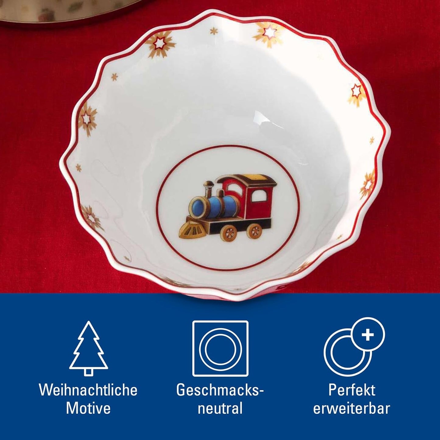 Villeroy & Boch - Toy's Delight ontbijtset voor 2 personen, locomotiefontwerp, 6-delig, kleurrijk, Kerstmis, serviesset met borden, kopjes en schalen voor ontbijt, kerstservies, premium porselein