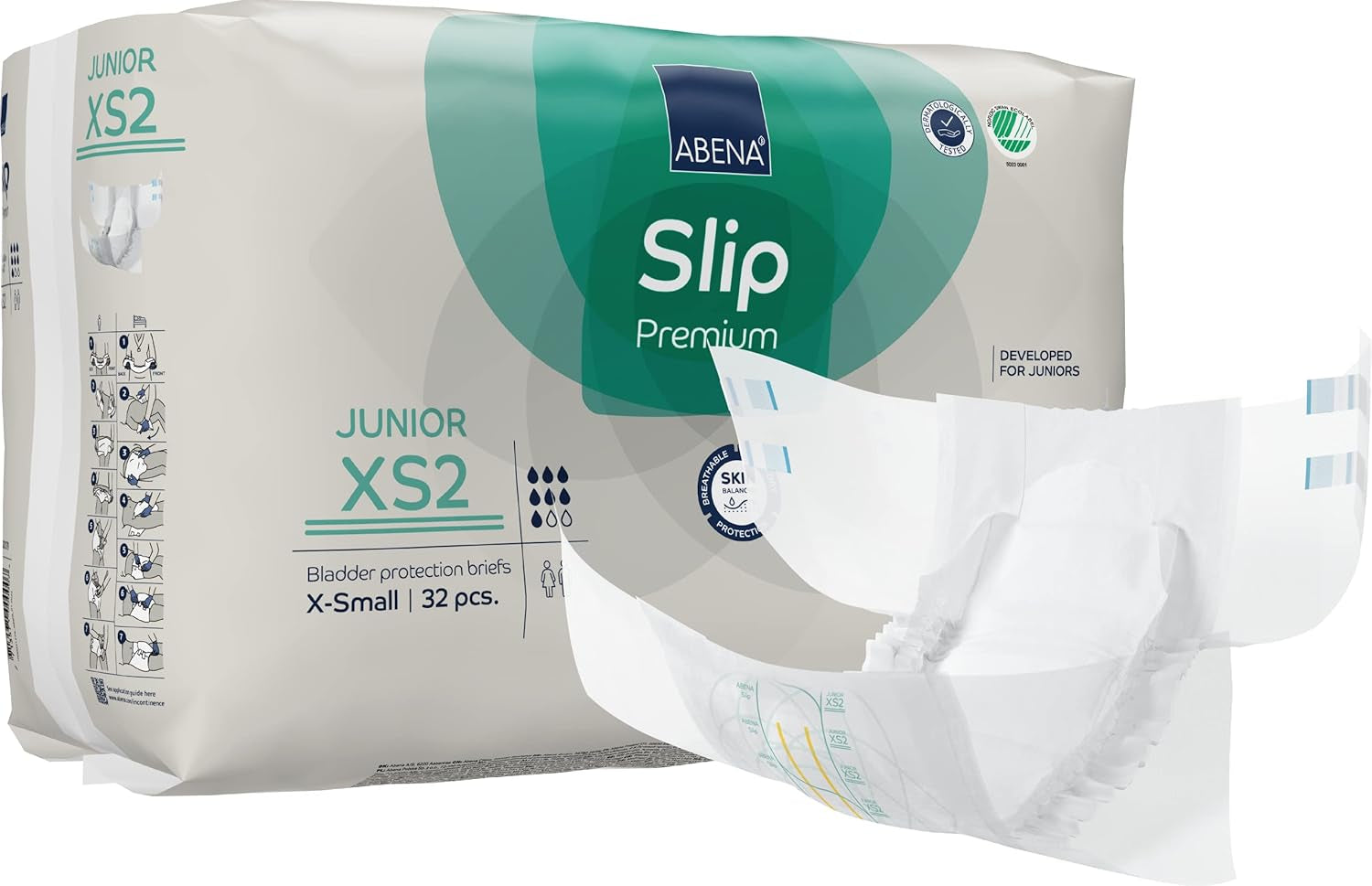 Premium junior slipluiers, eco-label, verbeterde lekbescherming, veilige en comfortabele babyluiers - maat 7/XS2, tailleomtrek 40-60 cm, leeftijd 5-15 jaar, 1 x 32 stuks