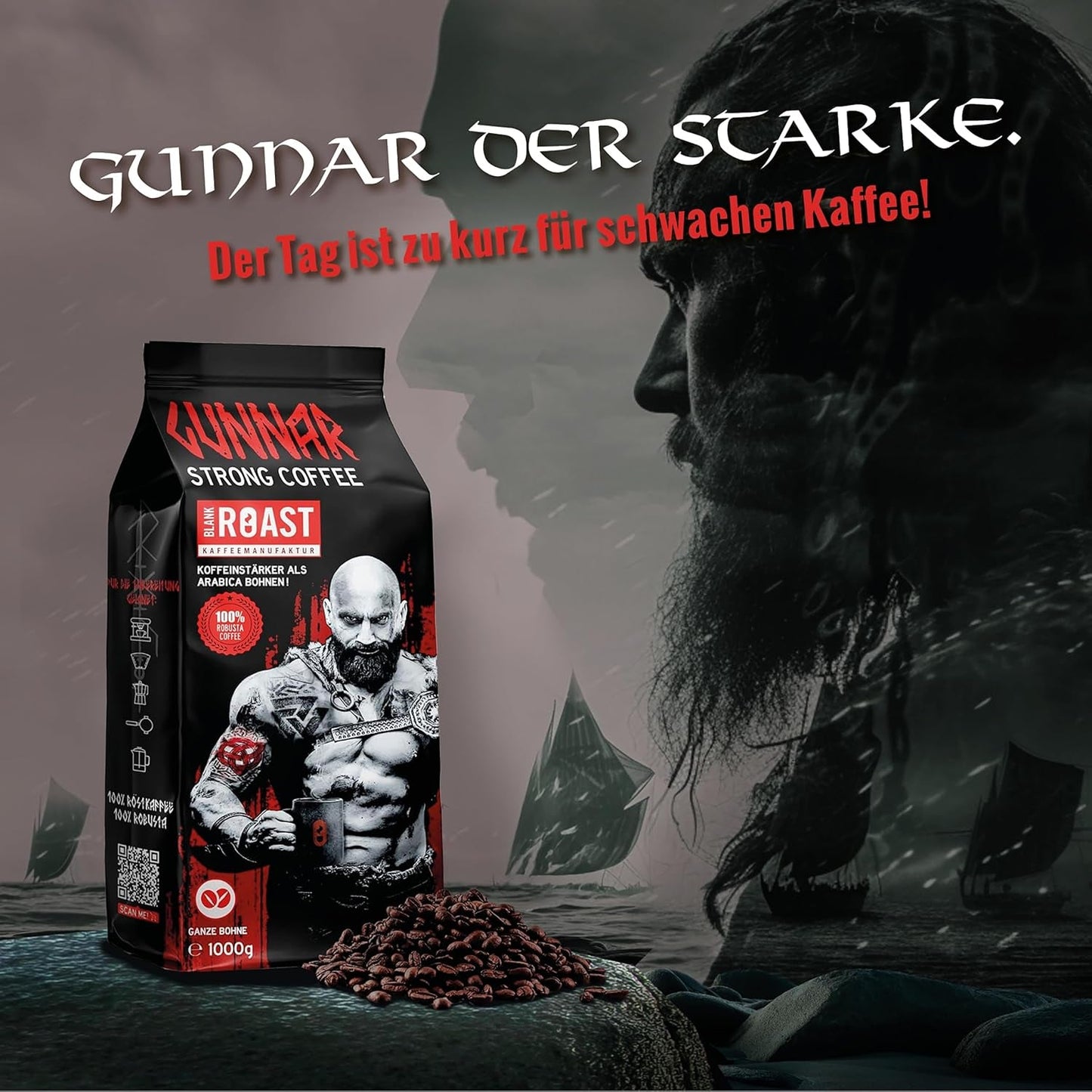 Blank Roast - GUNNAR - 1kg - Heel Kaffee-Bohnen Extra Sterk - Kräftige Robusta-Röstung - 494mg Kaffein je Tasse - Würzig & Kraftvoll mit Noten von dunkler Schokolade - Säurearm