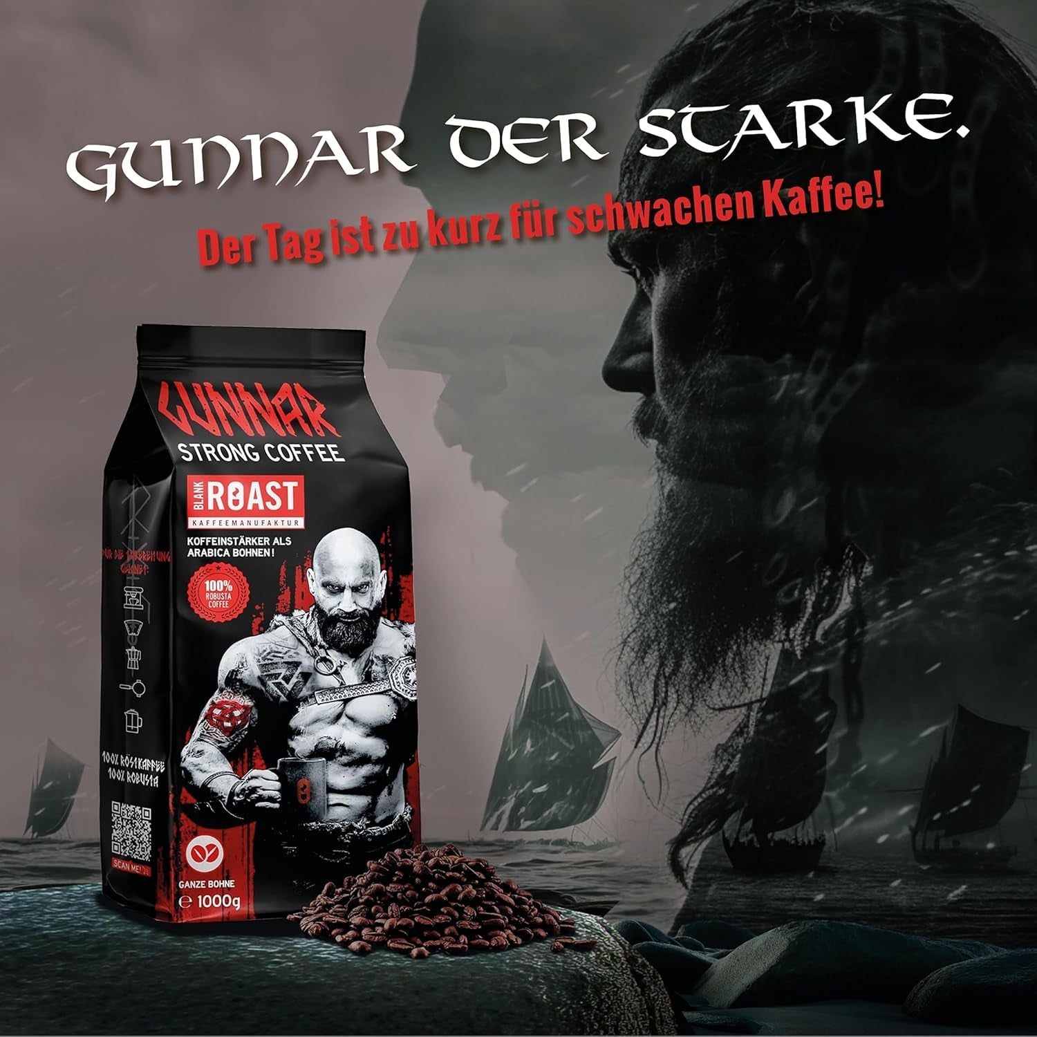 Blank Roast - GUNNAR - 1kg - Heel Kaffee-Bohnen Extra Sterk - Kräftige Robusta-Röstung - 494mg Kaffein je Tasse - Würzig & Kraftvoll mit Noten von dunkler Schokolade - Säurearm