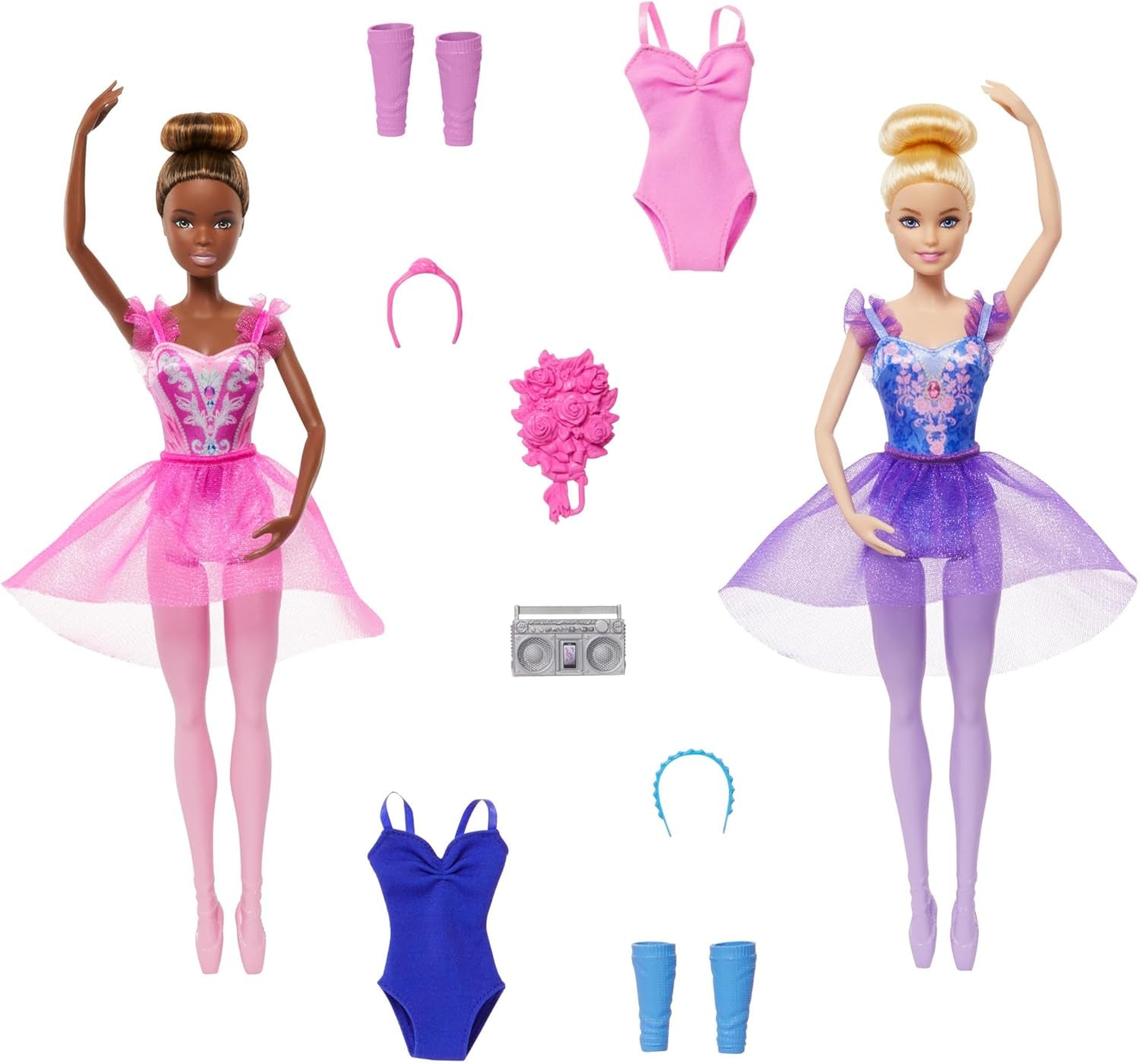 Barbie Ballettstudio Set met 2 puppen en 9 meiden, blond en brunette Ballerina-modepuppen met aussietzem Outfit en zum Tanzmotto passten Teilen, HXC37, [Multicolor]