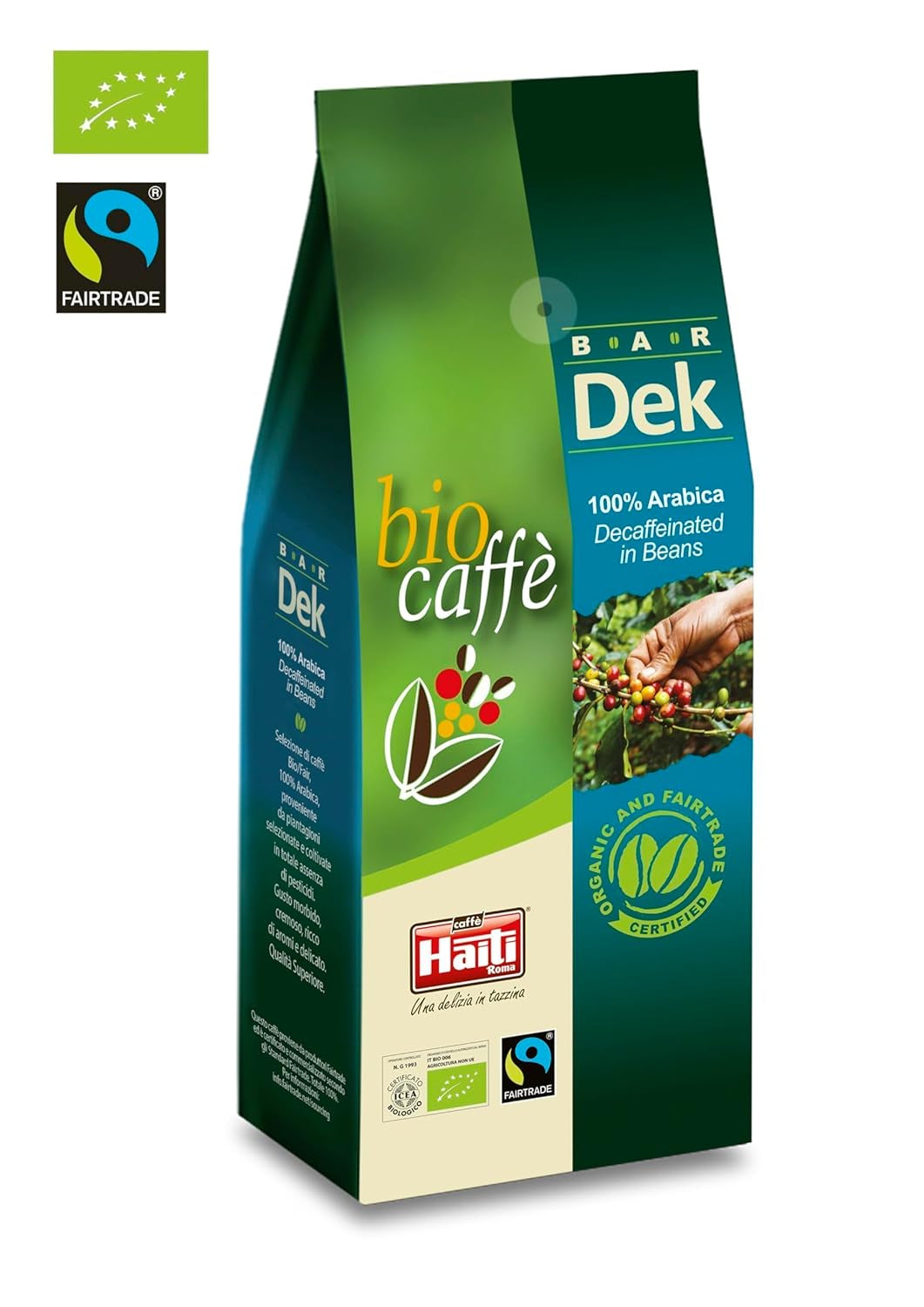 Caffè Haiti Roma biologische cafeïnevrije koffiebonen, 100% Arabica, Fairtrade gecertificeerd, biologische kwaliteit, verpakking van 2 x 500 g