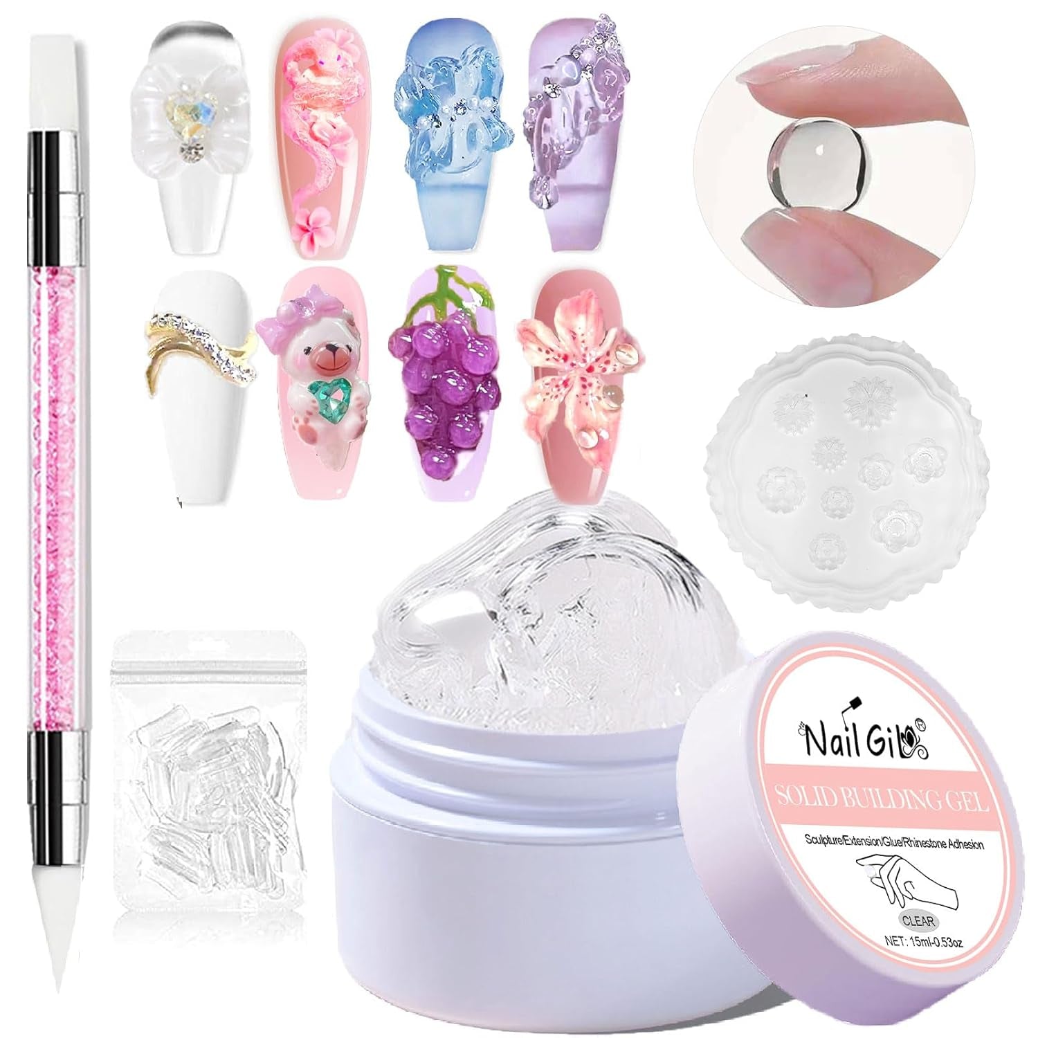 NAILGIL Solid Gel nagellak, Solid Gel nagellijm, 3D Nail Art Sculpture met gereedschapsset, DIY Home Salon, Transparant 15G