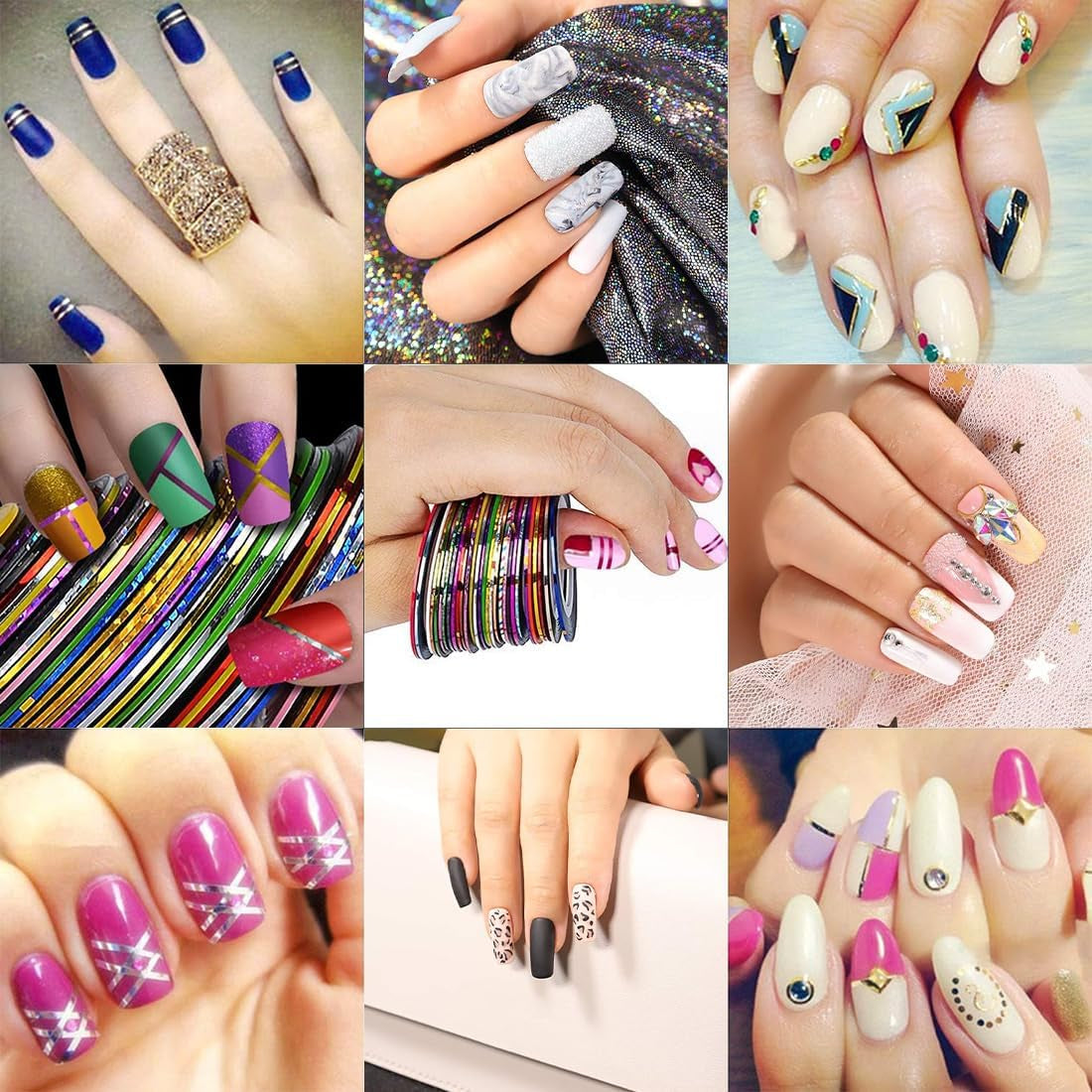 Nagelstickers en accessoireset - 5 nagelstickers, penseel, stenen, decoratieve tape, goudfolie - perfect voor manicure en gelnagels - 50-delige set