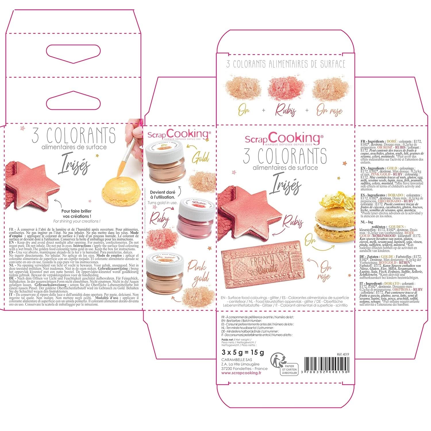 ScrapCooking, Set van 3 kleurstoffen voor levensmiddelen, Goud, Rose-Goud en Ruby, metallic tinten, 3 x 5 gram Naty Shop