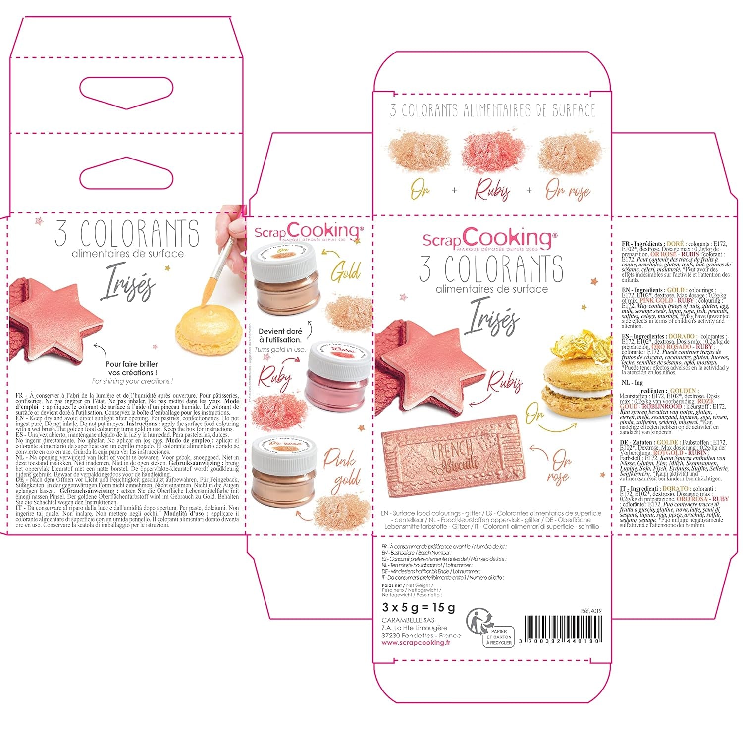 Scrapcooking - Set van 3 metalen kleurstoffen - Kleurstof: goud, rosé goud en robijn - Eetbare kleurstof voor bakken, cakes, koekjes, cakes, chocolade - 4019