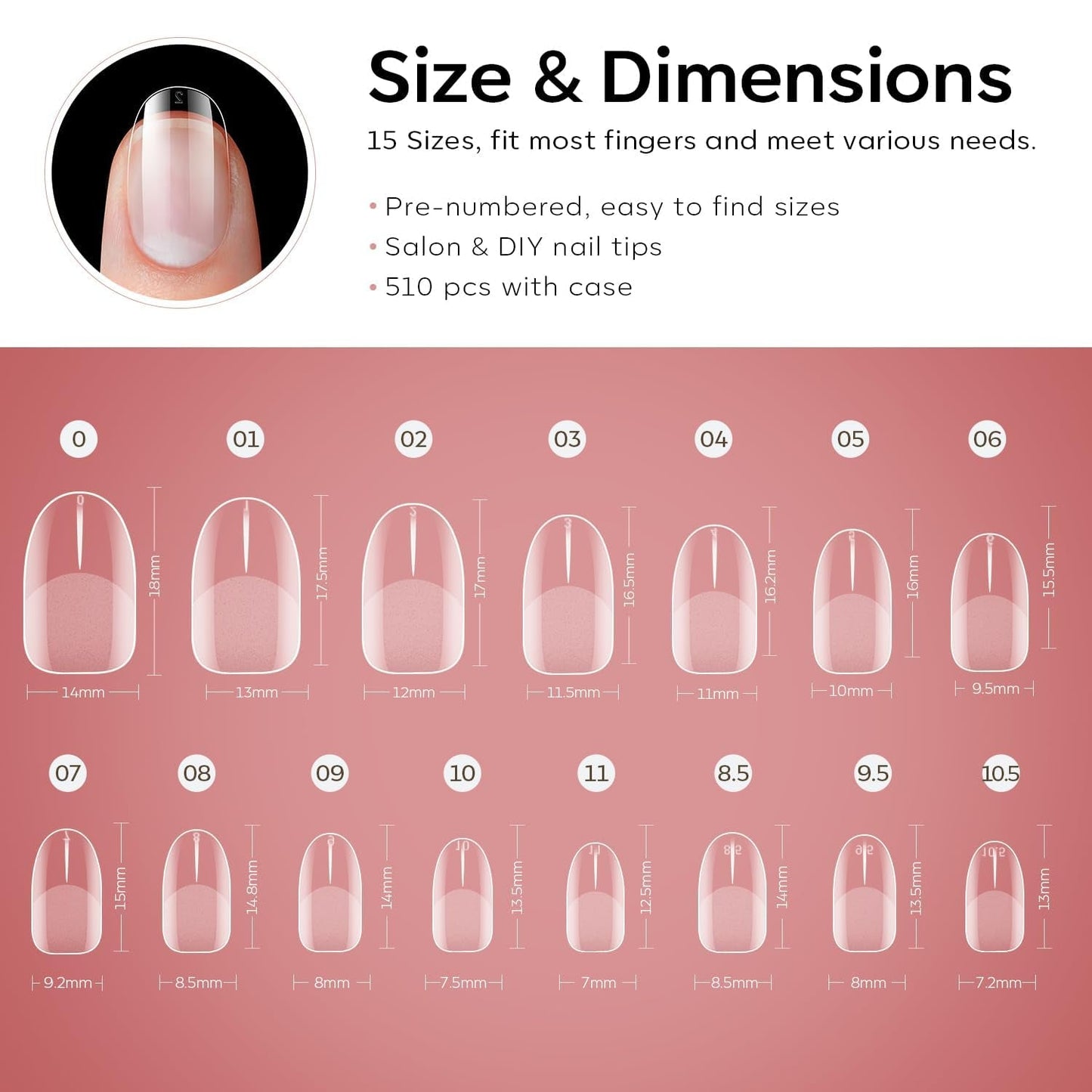 Modelones nageltips 510-delig - volledig dekkende nageltipsset, geltipsset, pre-polijst PMMA-hars nageltips, kunstnagels voor lijm op nail art DIY, korte Squoval