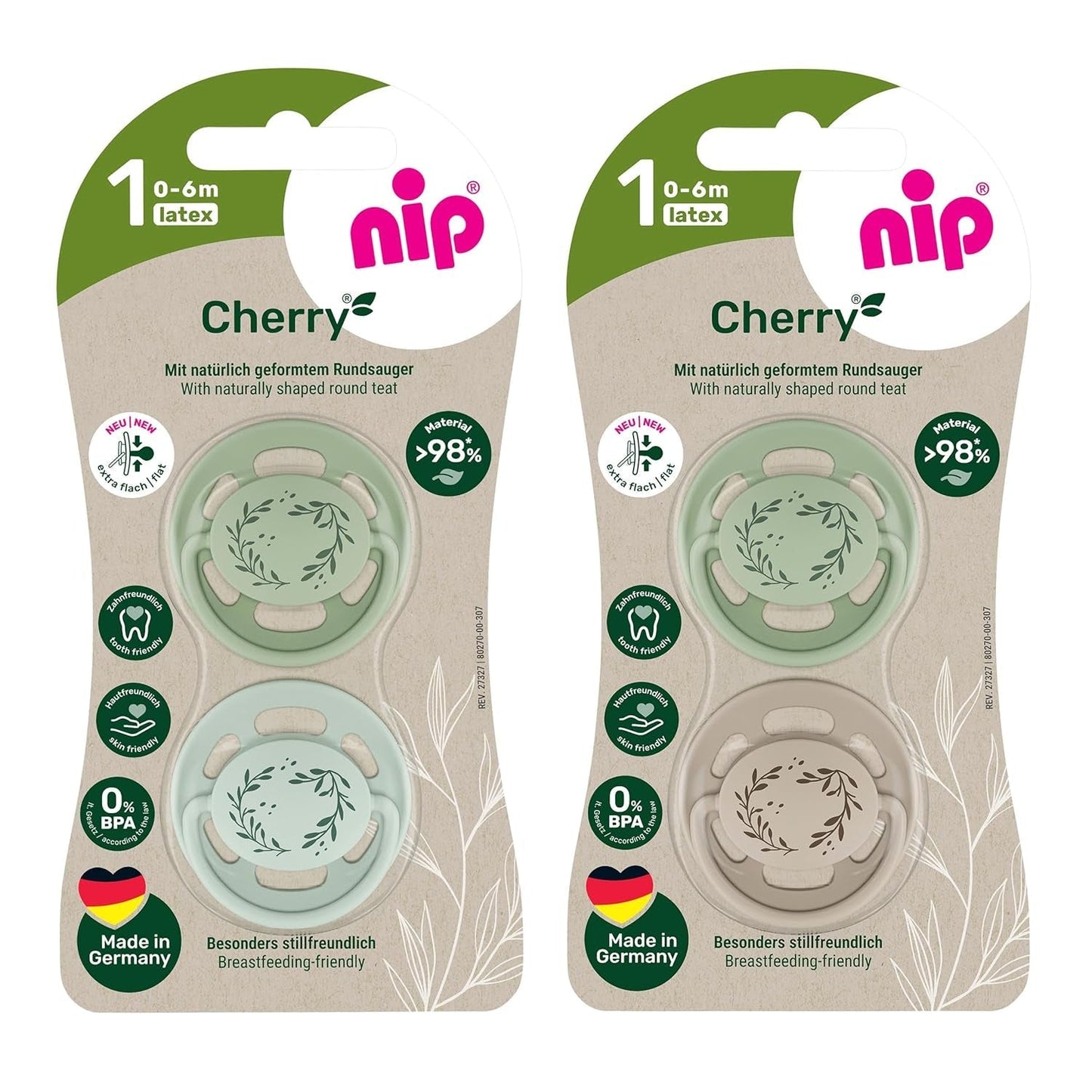 nip - Kersengroen | 0-6 maanden | Pak van 4 | Babyfopspeen, geschikt voor borstvoeding en tandjes krijgen. Duurzame speen, gemaakt van natuurlijke grondstoffen, lichtgroen/bruin