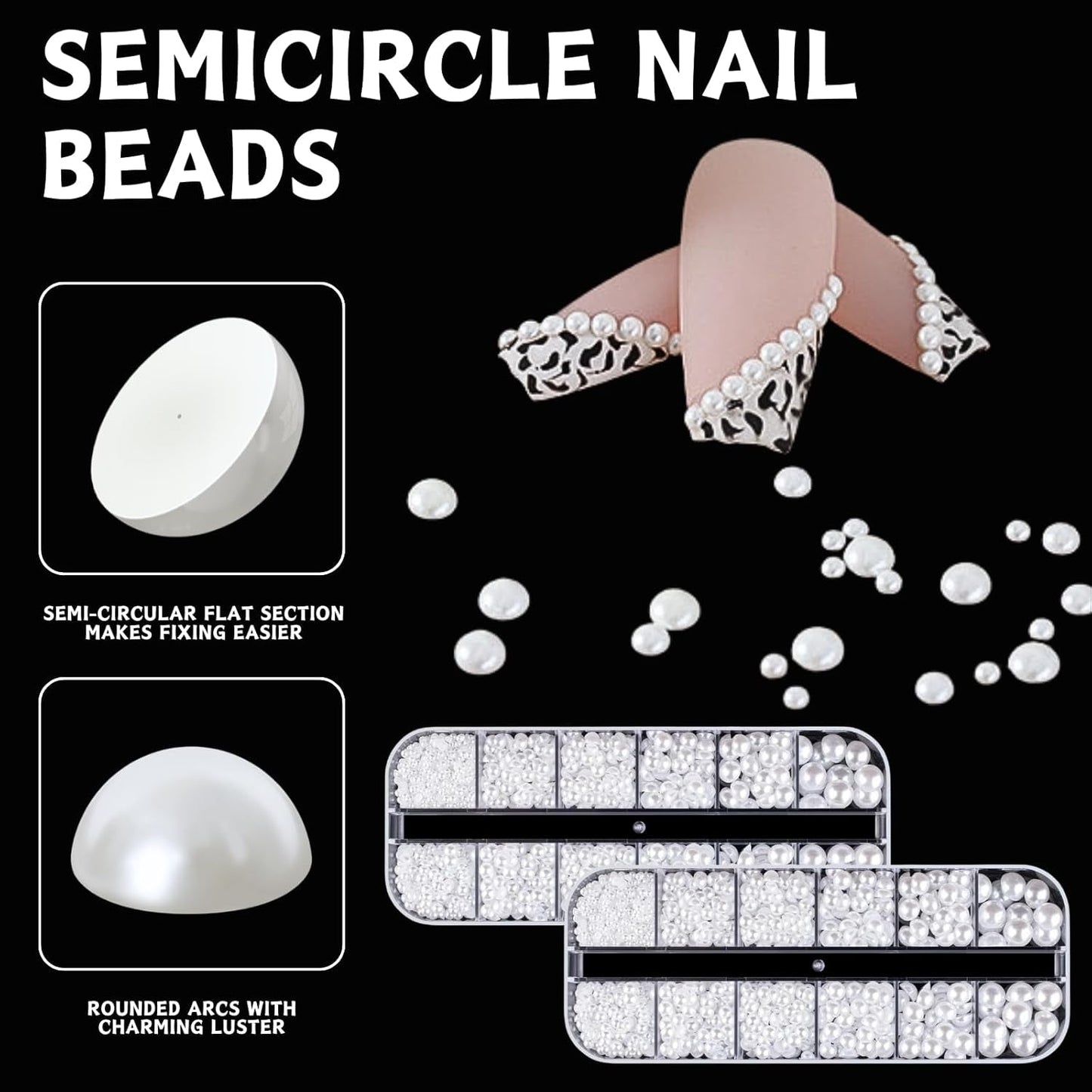 12 Größen Nail Art Perlen, Flache Perlen, Nail Art Accessoires, Halbkreis Nagelperlen, Weiße Nail Charms en Glitzersteine ​​​​Nägel voor Nail Art Design, DIY Basteln, Alltag, Hochzeit (2 dozen)