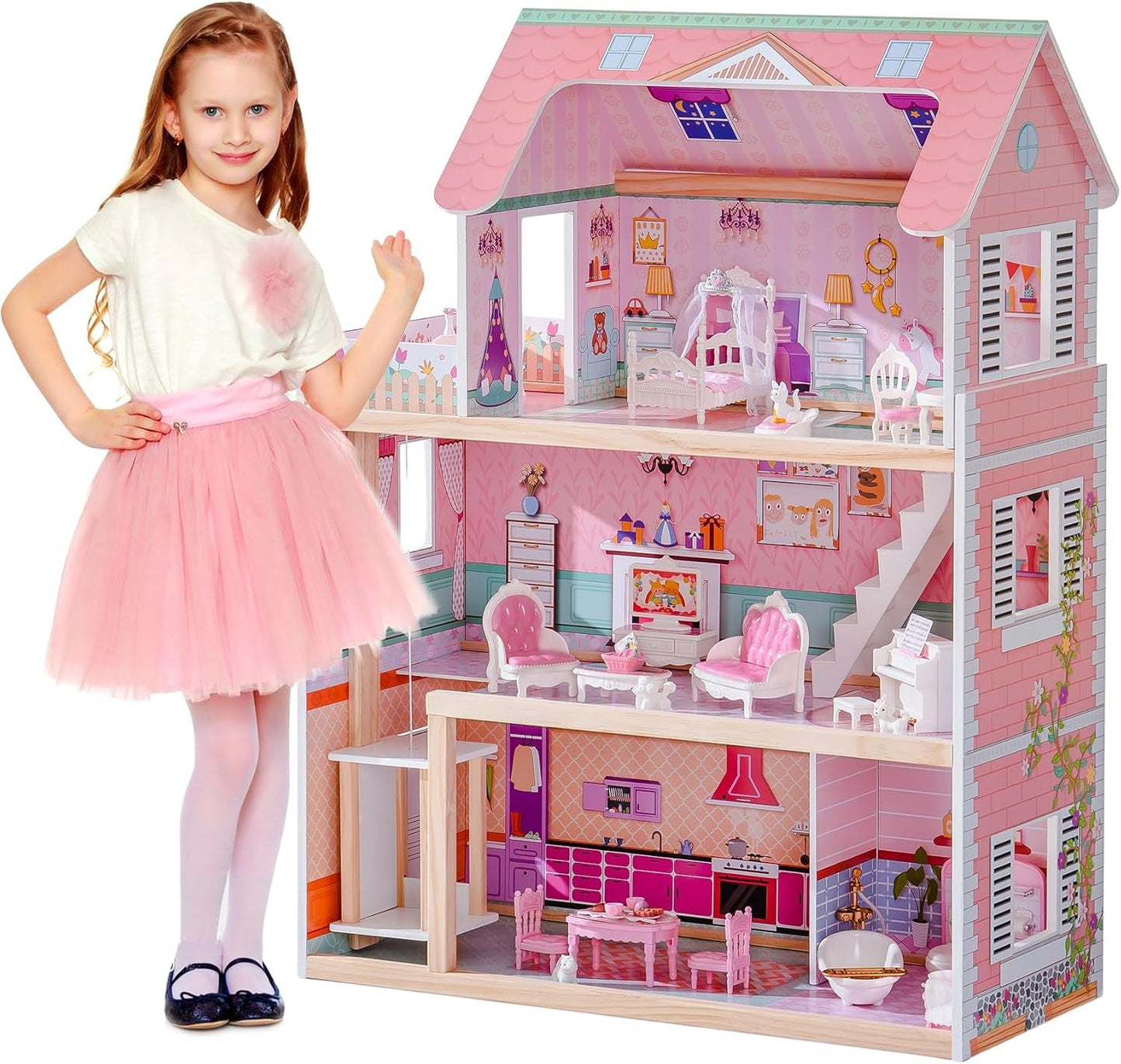 ROBUD Houten poppenhuis voor kinderen Poppenhuisspeelgoed Cadeau voor meisjes en jongens van 3 4 5 6 jaar oud