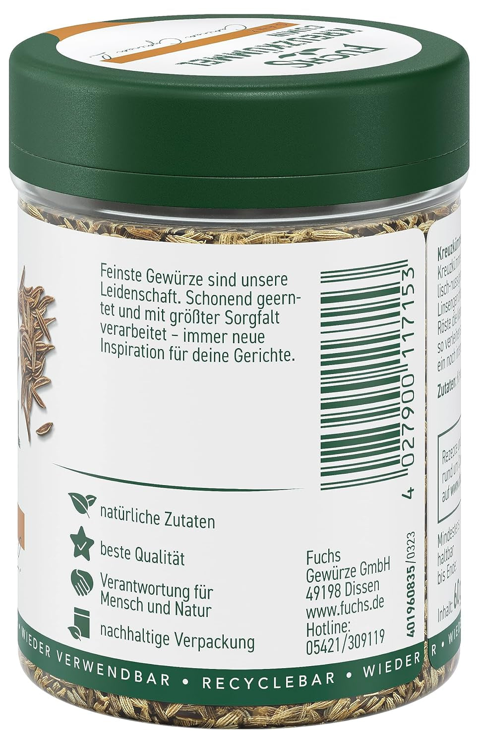 Fuchs Gewürze - Kreuzkümmel ganz - Orientalisch-nussige Note für Falafel und Linsengerichte - natuurlijke ingrediënten - 60 g in wiederverwendbarer, recyclebarer Dosis