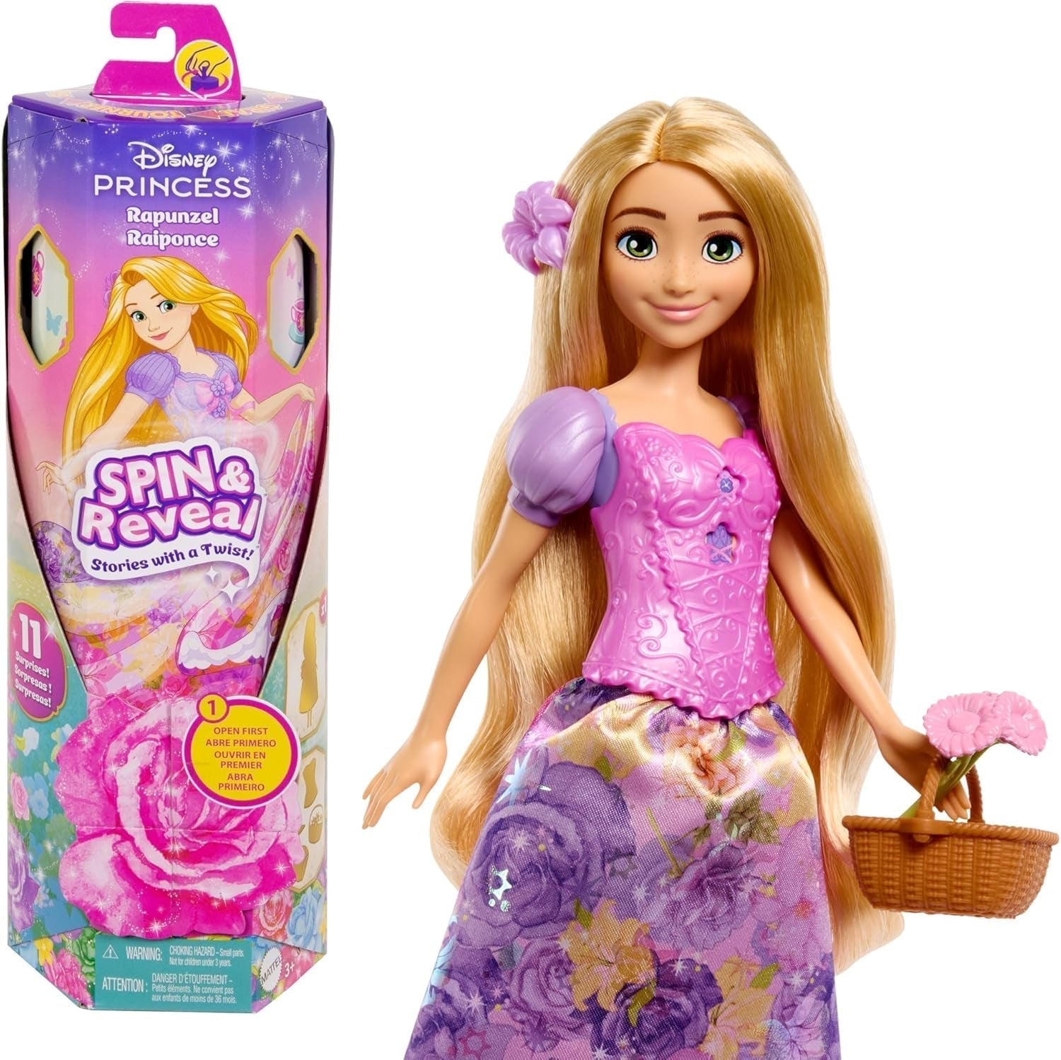 Mattel Disney The Ice Queen Elsa Fashion Doll Set, Spin & Reveal met 11 verrassingen, waaronder 5 accessoires, 5 stickers en een speelscène, geïnspireerd op de Disney-film, HTG25 Dolls Naty Shop Rapunzel Fashion Doll Set