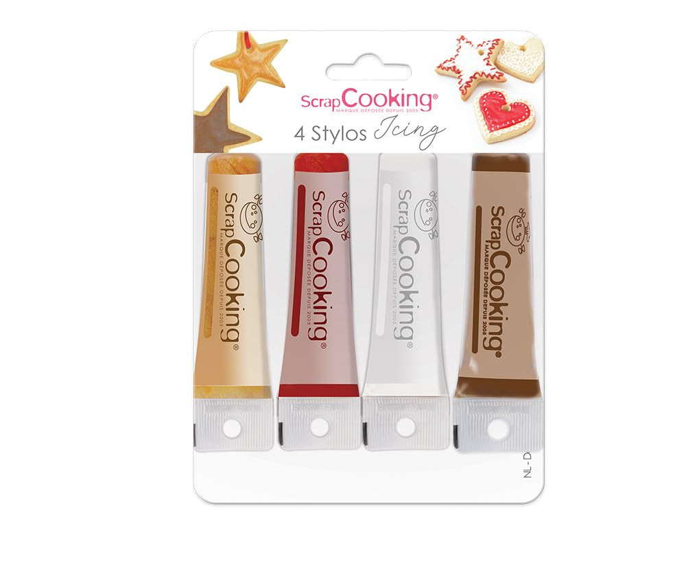 Scrapcooking - 4 stuks markers: goud, chocolade, wit en rood - decoratieve eetbare stiften voor het schrijven en tekenen op desserts, taarten en koekjes
