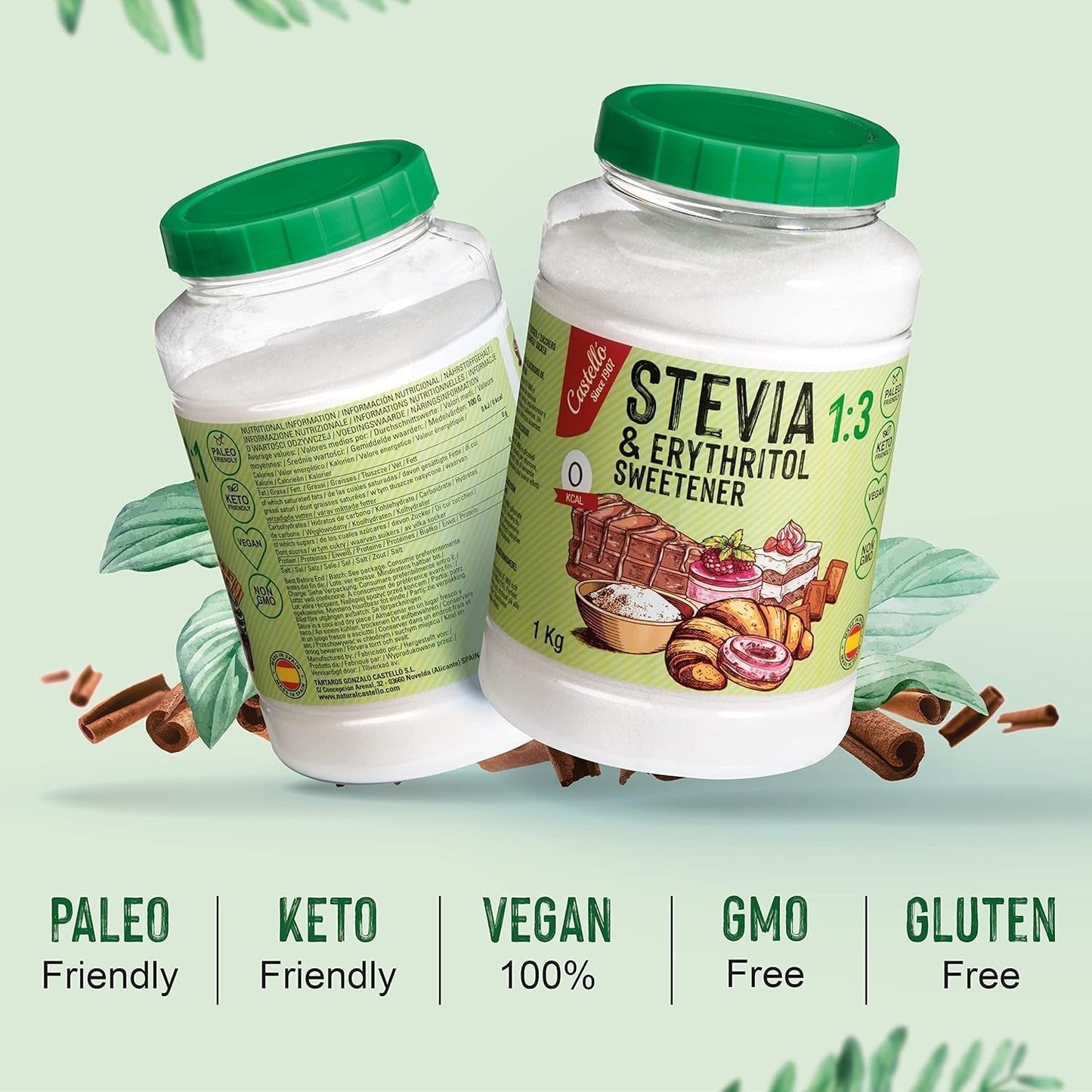 Stevia + Erythritol 1:3 Süßstoff | 1G = 3G Zucker | 100% Natürlicher Zuckerersatz - 0 Kalorien - 0 Glykämischer Index - Keto en Paleo - 0 Netto-Kohlenhydraat - Kein GVO - Castello sinds 1907 - 1 Kg Zoetstoffen Naty Shop