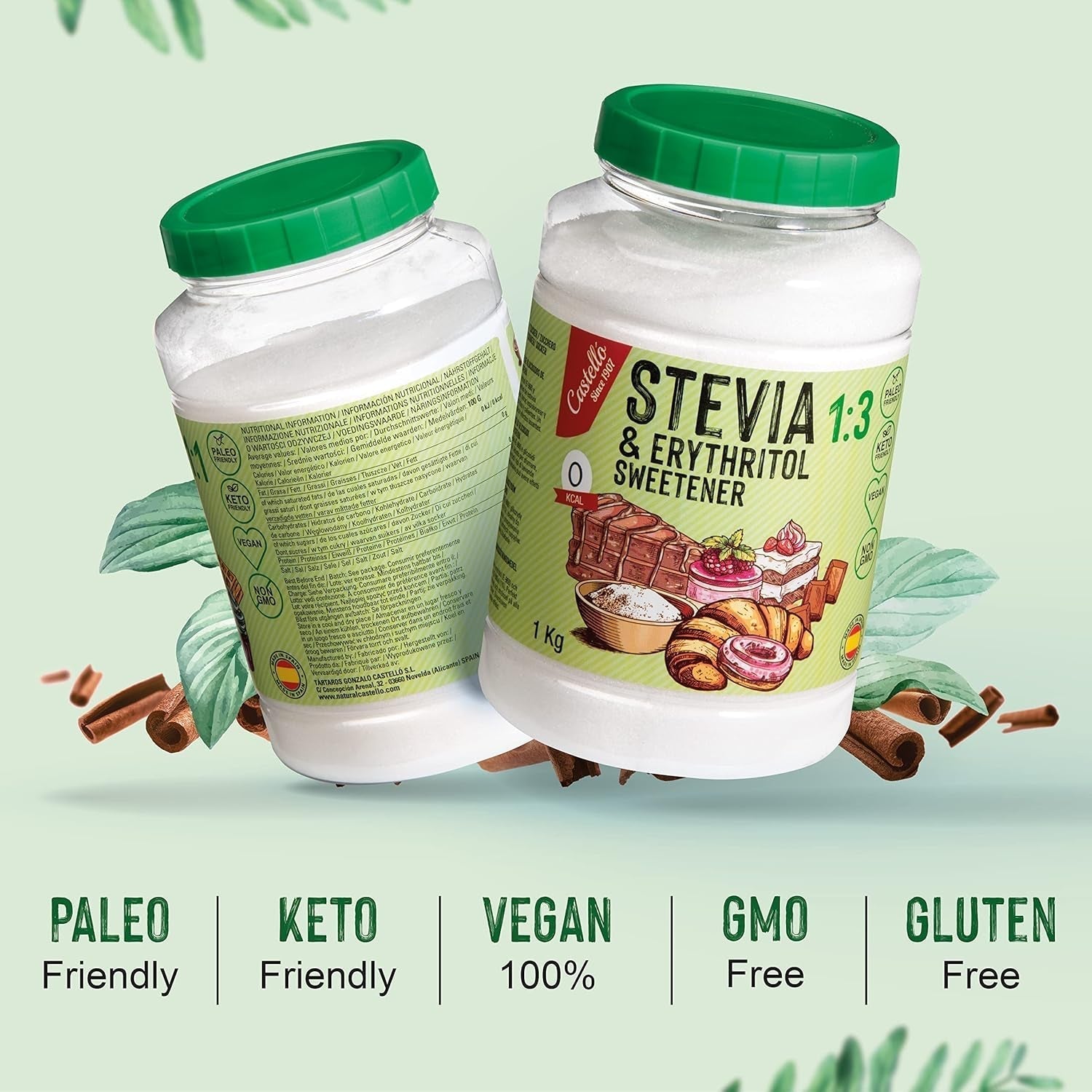 Stevia + Erythritol 1:3 Süßstoff | 1G = 3G Zucker | 100% Natürlicher Zuckerersatz - 0 Kalorien - 0 Glykämischer Index - Keto en Paleo - 0 Netto-Kohlenhydraat - Kein GVO - Castello sinds 1907 - 1 Kg Zoetstoffen Naty Shop