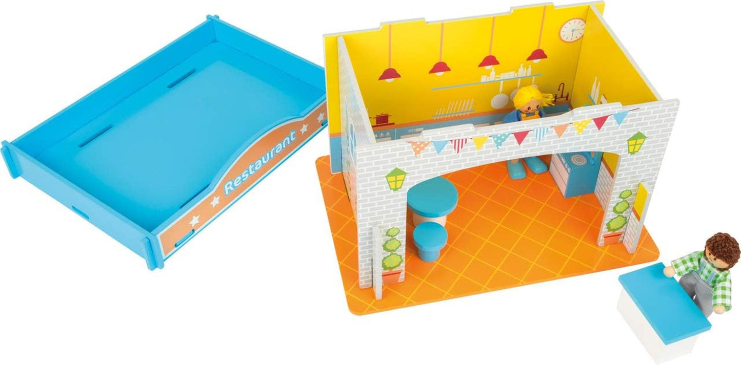 Small Foot 10852 Speelhuis Restaurant Van hout, Met 2 poppenfiguren, accessoires en afneembaar dak, Vanaf 3 jaar Naty Shop Dollhouses