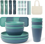 53-delig 4-persoons campingservies, onverwoestbaar 4-persoons campingservies, lichtgewicht plastic servies met draagtas, stapelbare borden en schalen, BBQ-tuin-picknickservies