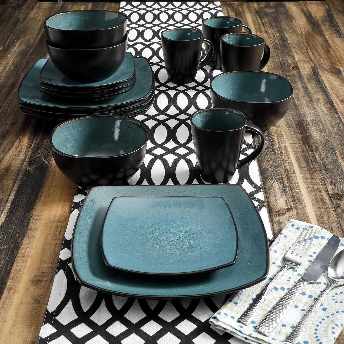 Gibson 99813.16R Elite Soho Lounge reactieve glazuur 4-persoons serviesset, 16-delig, blauwgroen/zwart tweekleurig effect
