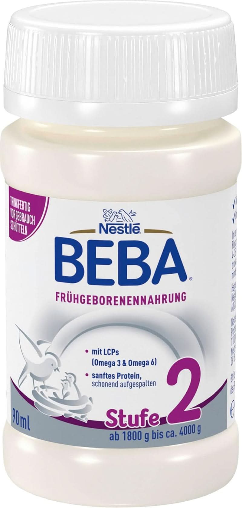 Voeding voor premature baby's BEBA Niveau 2, Speciale voeding voor premature baby's en pasgeborenen met een laag gewicht, klaar om te drinken, verpakking van 32 (32 x 90 ml) Naty Shop