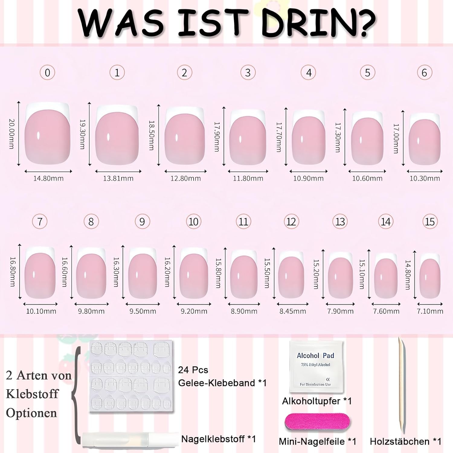 Lichtroze zelfklevende Franse nagels - 32 stuks lijm op Franse nagels - vierkante korte kunstnagels - ademende lijm op kunstnagels - volledige dekking kunstnagels voor dames (lichtroze)