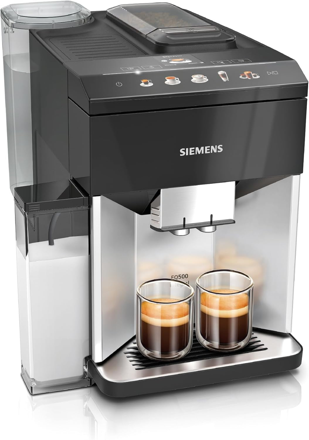 Siemens EQ500 volautomatische espressomachine TQ513D01, vele koffiespecialiteiten, melkopschuimer, geïntegreerd melkreservoir, automatische stoomreiniging, 1500 W, natuurlijk licht zilver/pianozwart