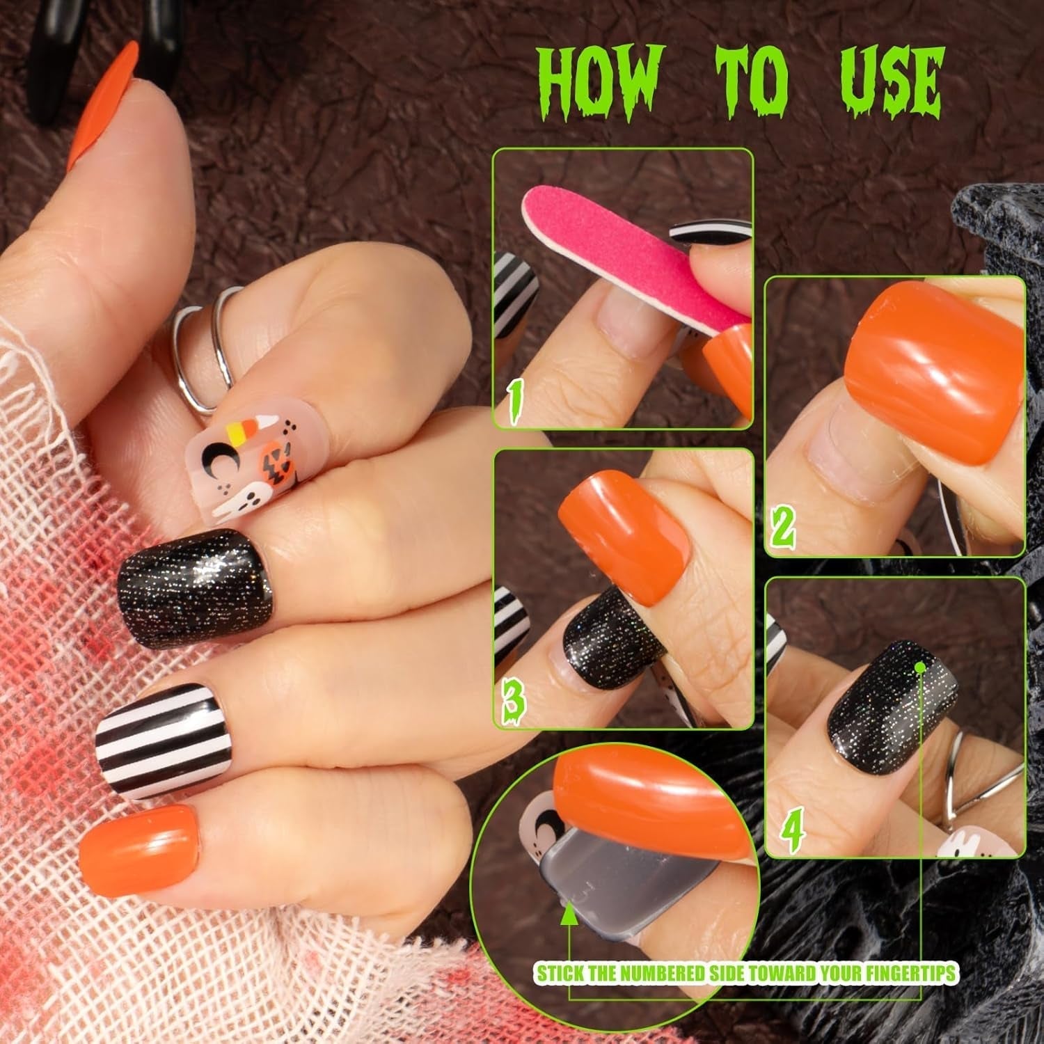 72 stuks Halloween-nagels Zelfklevende nepnagels Korte kunstnagels Zelfklevende geperste nagels Pompoen Spook Kunstnagels Tips Nail Art Oranje Groen Zwart