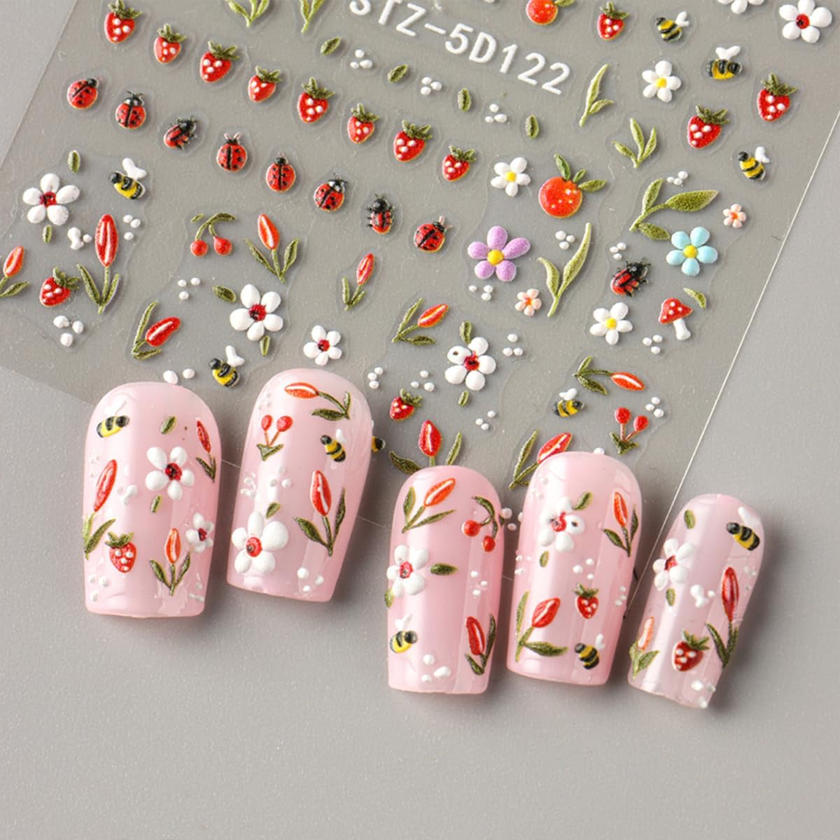 JMEOWIO 3D Nagelsticker Blumen Frucht Nail Art Sticker Selbstklebend Nagelaufkleber 5D Stereoskopische Decoratie Nageldesign Zubehör 4 Blatt
