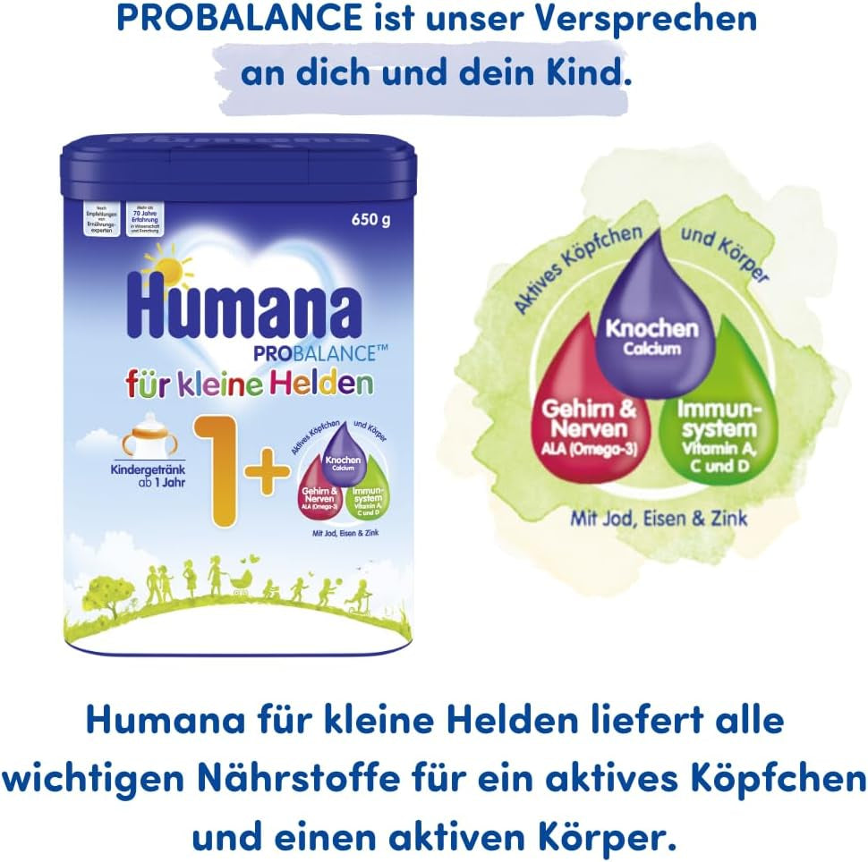 Humana Kindergetränk 1+, vanaf 1 jaar, Milchpulver für Kindermilch, nährstoffreiche Milch für Kleinkinder, als gelegentliches Milchgetränk of zur Mahlzeit, 650 g