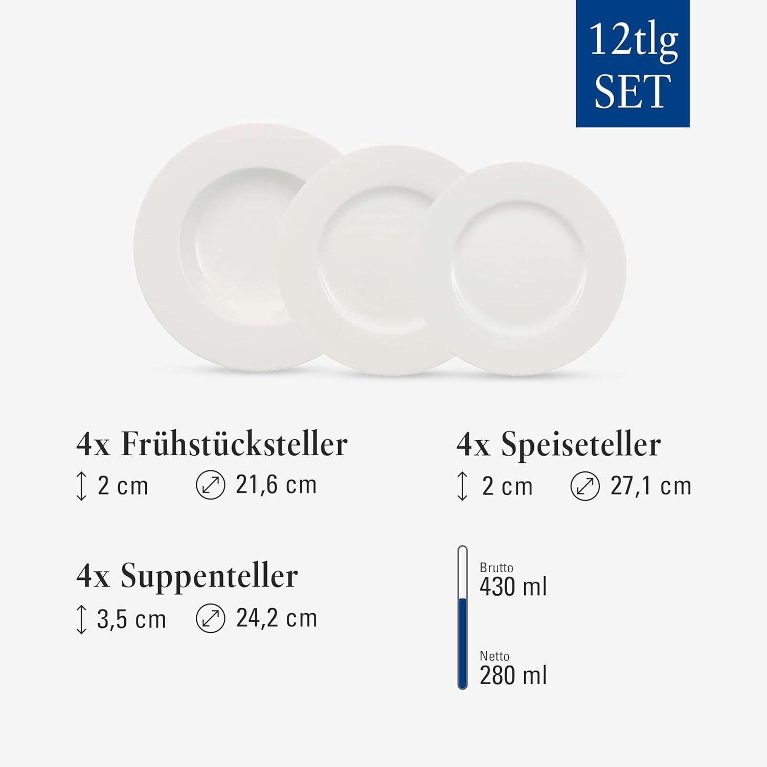 Villeroy & Boch Wonderful World 12-delige serviesset, vaatwasser- en magnetronbestendig, wit, borden, serviesgoed, porselein, dinerborden, set, moderne serviesset, premium porselein