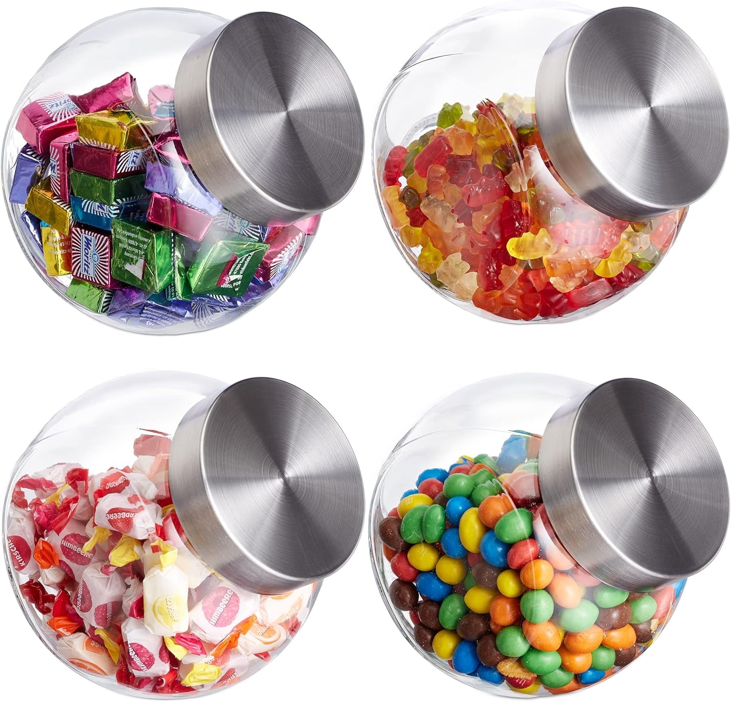 Relaxdays Snoeppotten Set van 4 1,5L zoete voedselopslagpotten Candy Bar roestvrijstalen deksel helder transparant zilver Naty Shop voedselopslagdozen 4