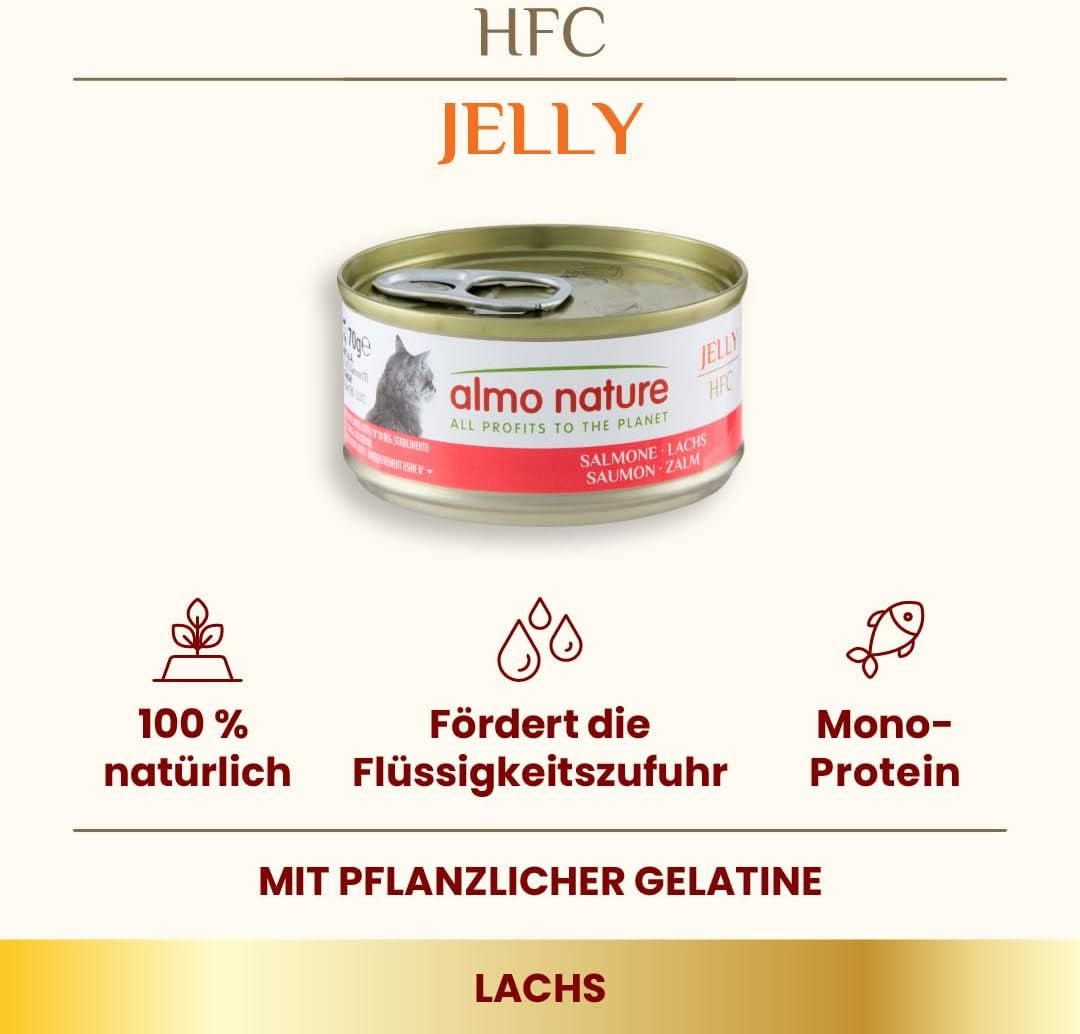 Almo Nature HFC Jelly - Nassfutter für ausgewachsene Katzen - Lachs - Menselijke kwaliteit, glutenvrij en monoproteïne - 6 x 70 g