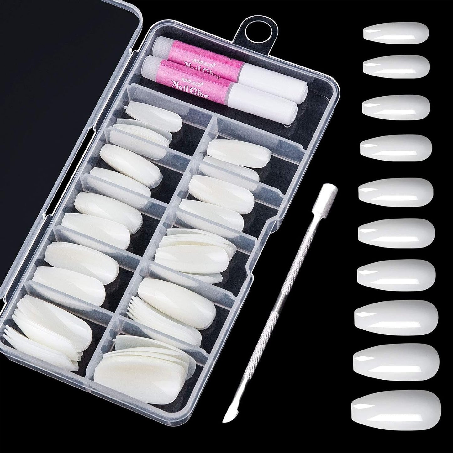 200 stuks valse nageltips 10 maten acryl kunstnagels met nagelriemschuiver en doorzichtige doos voor vrouwen en meisjes (natuurlijk en transparant)