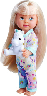 Simba Evi Love pyjama, 3 verschillende kleuren, slechts één item verzonden, pop in schattige pyjama met eenhoorn knuffel, speelpop 12 cm, vanaf 3 jaar