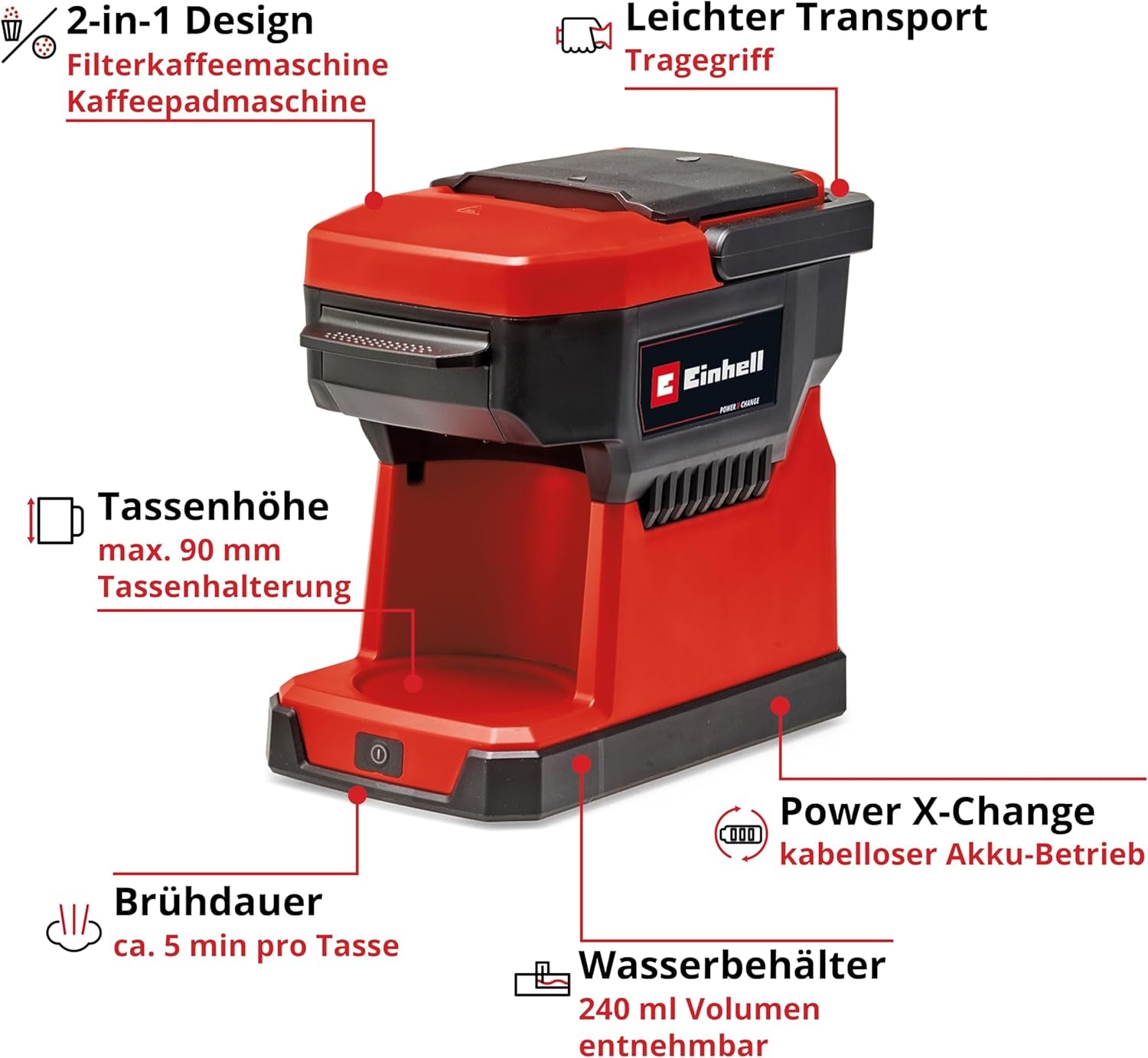 Accu-espressomachine Einhell TE-CF 18 Li-Solo Power X-Change (18 V, 240 ml watertank, voor filterkoffie en koffiecapsules, draaggreep, incl. koffiekopje met deksel, zonder batterij)