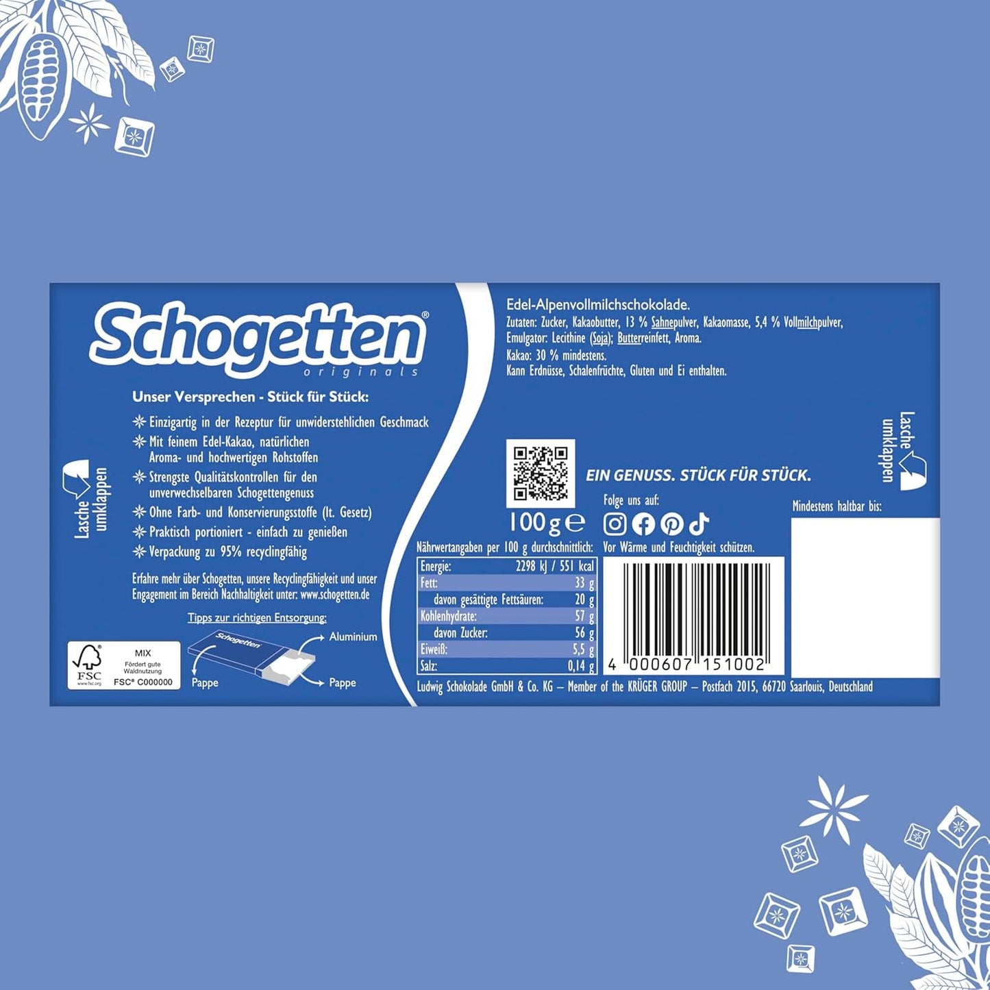 Schogenten Premium Alpenmelkchocoladereep, 100 g, individueel geportioneerd. Een genot. Stuk voor stuk.