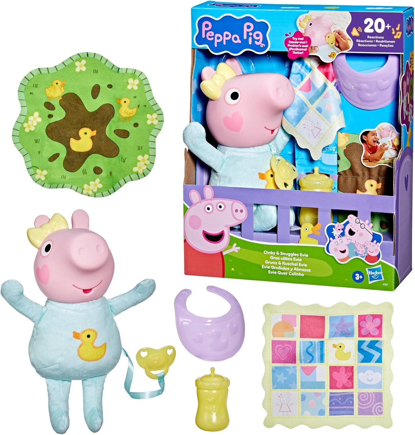 Peppa Pig 28 cm Evie interactieve pop met 20 geluiden en vele functies, speelgoedset voor kinderen vanaf 3 jaar