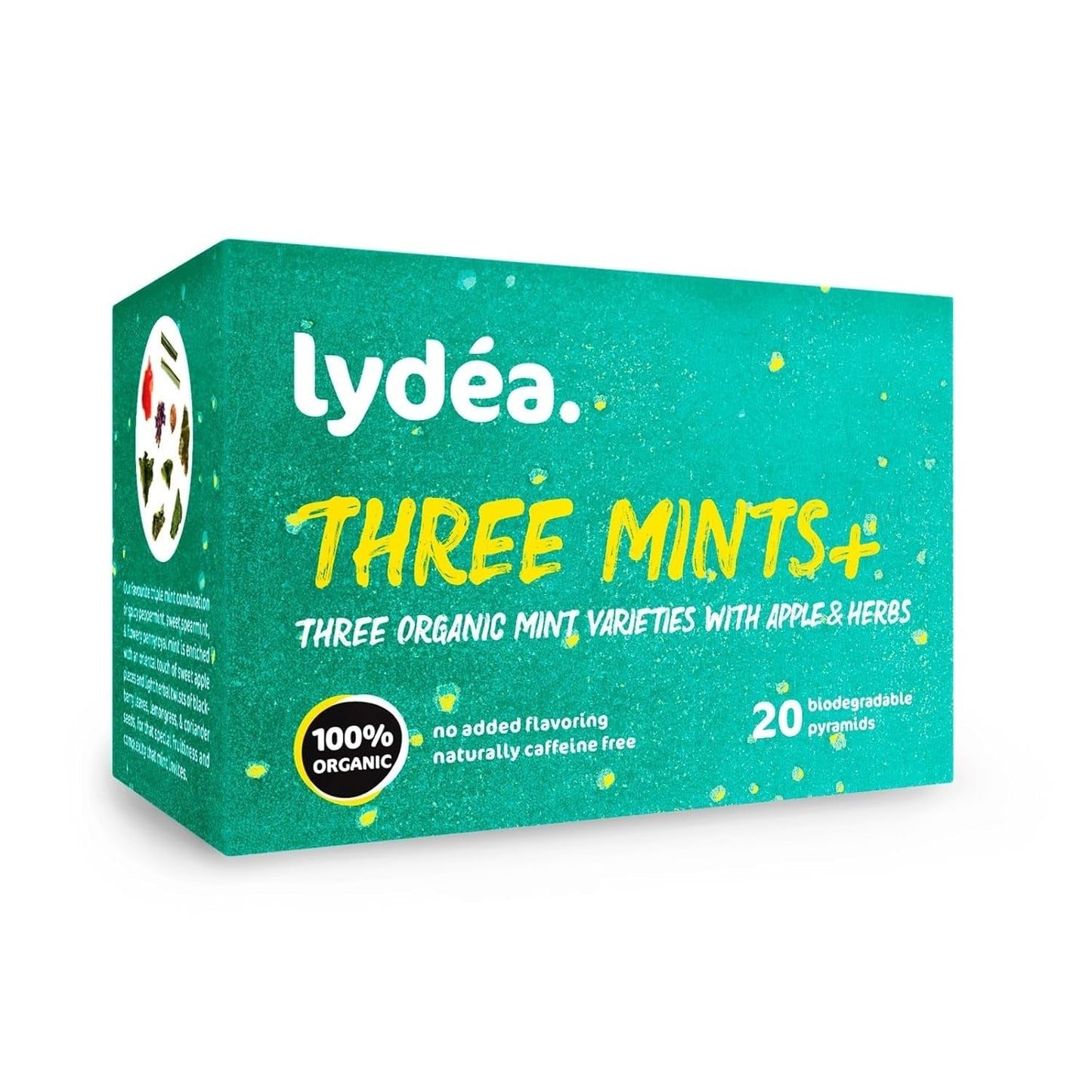 Lydea Three Mints+ biologische kruidenthee met drie soorten munt, appel en kruiden, 60 piramides, 3 stuks [3 x 20 piramides]