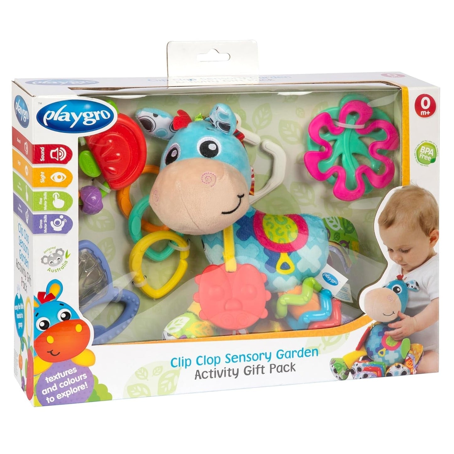 Playgro Clip Clop Sensory Garden Activity Gift Pack - Sensory Garden Toy voor baby's vanaf 0 maanden - Interactief speelgoed met rammelaars, bijtring en kinderwagen Friend - 4 stuks