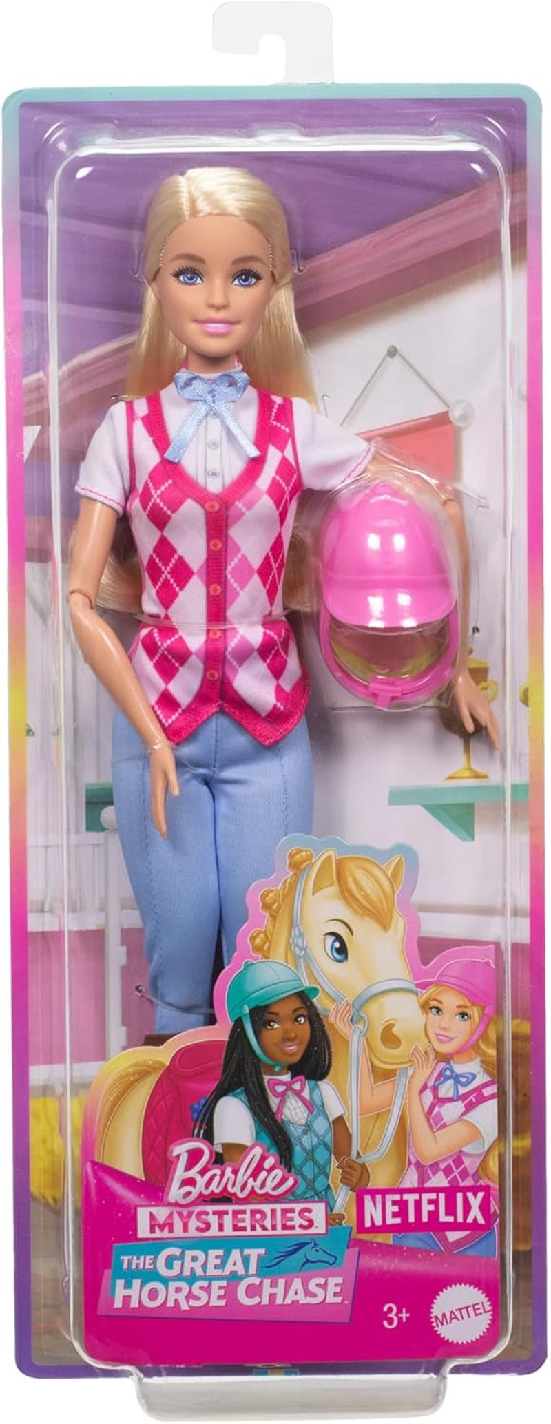 Barbie Malibu-pop en accessoires uit Barbie Mysteries: The Secret Horse Adventure, inclusief modepop, afneembare rij-outfit en helm, HXJ38